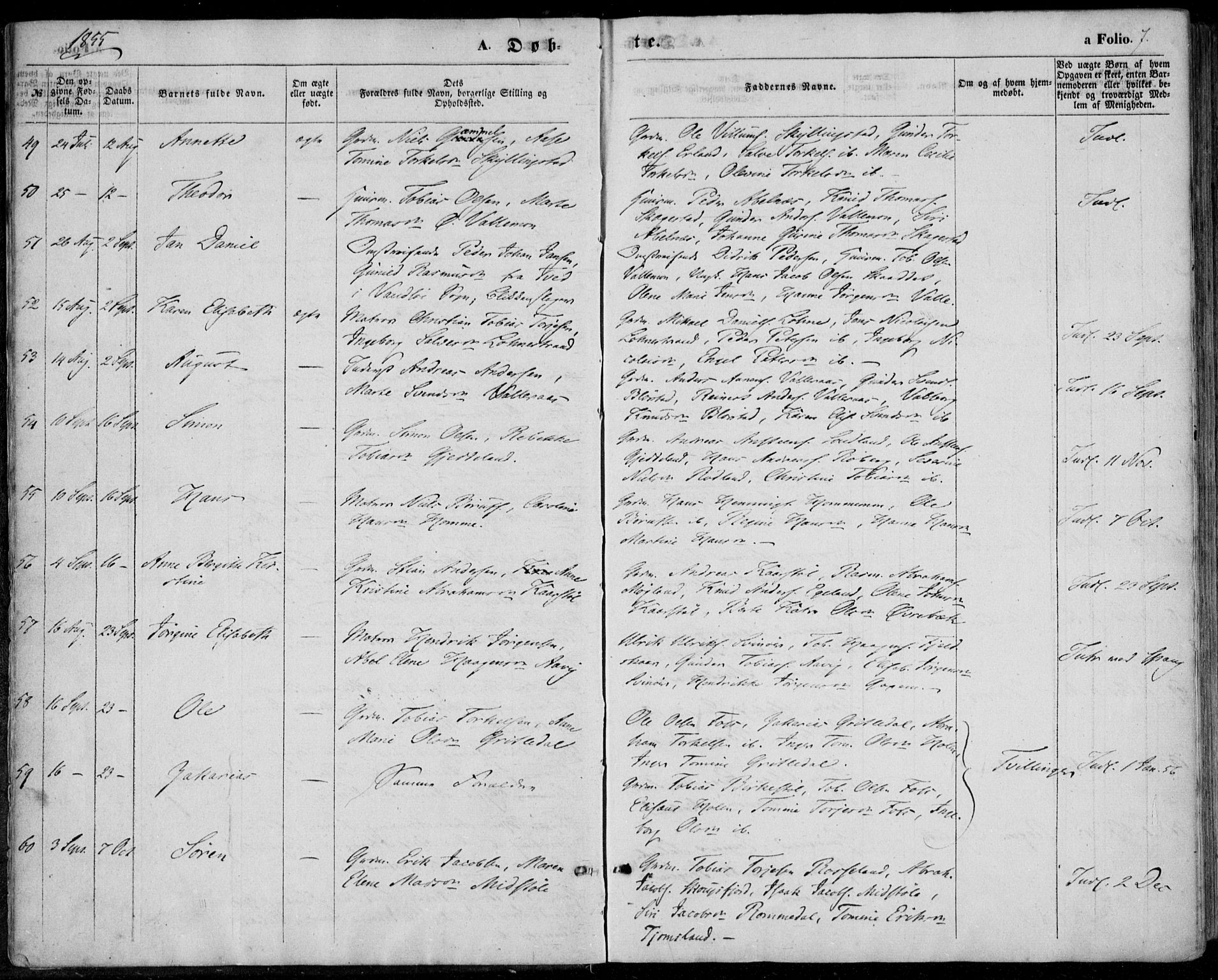 Sør-Audnedal sokneprestkontor, AV/SAK-1111-0039/F/Fa/Fab/L0007: Parish register (official) no. A 7, 1855-1876, p. 7