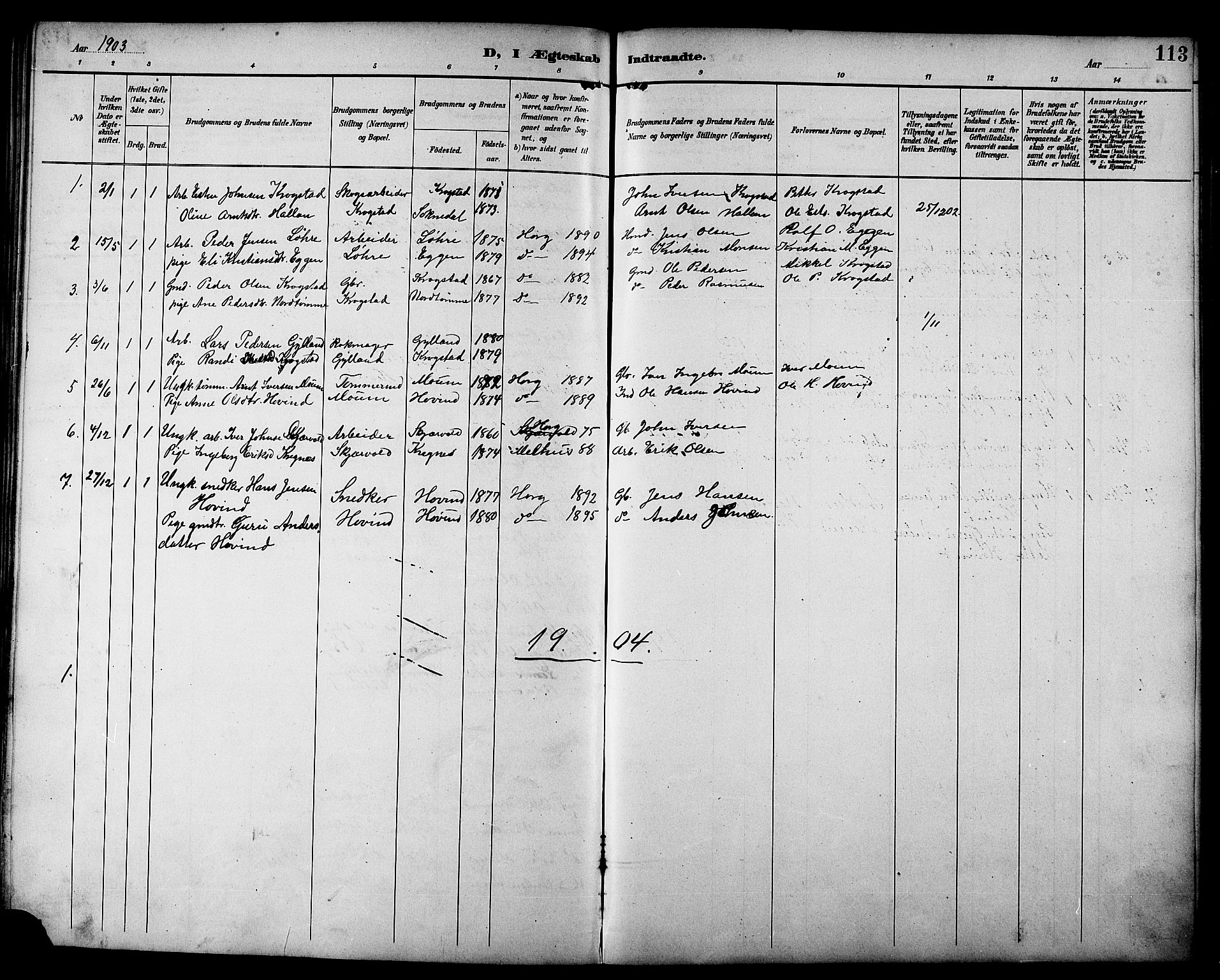 Ministerialprotokoller, klokkerbøker og fødselsregistre - Sør-Trøndelag, AV/SAT-A-1456/692/L1111: Parish register (copy) no. 692C06, 1890-1904, p. 113