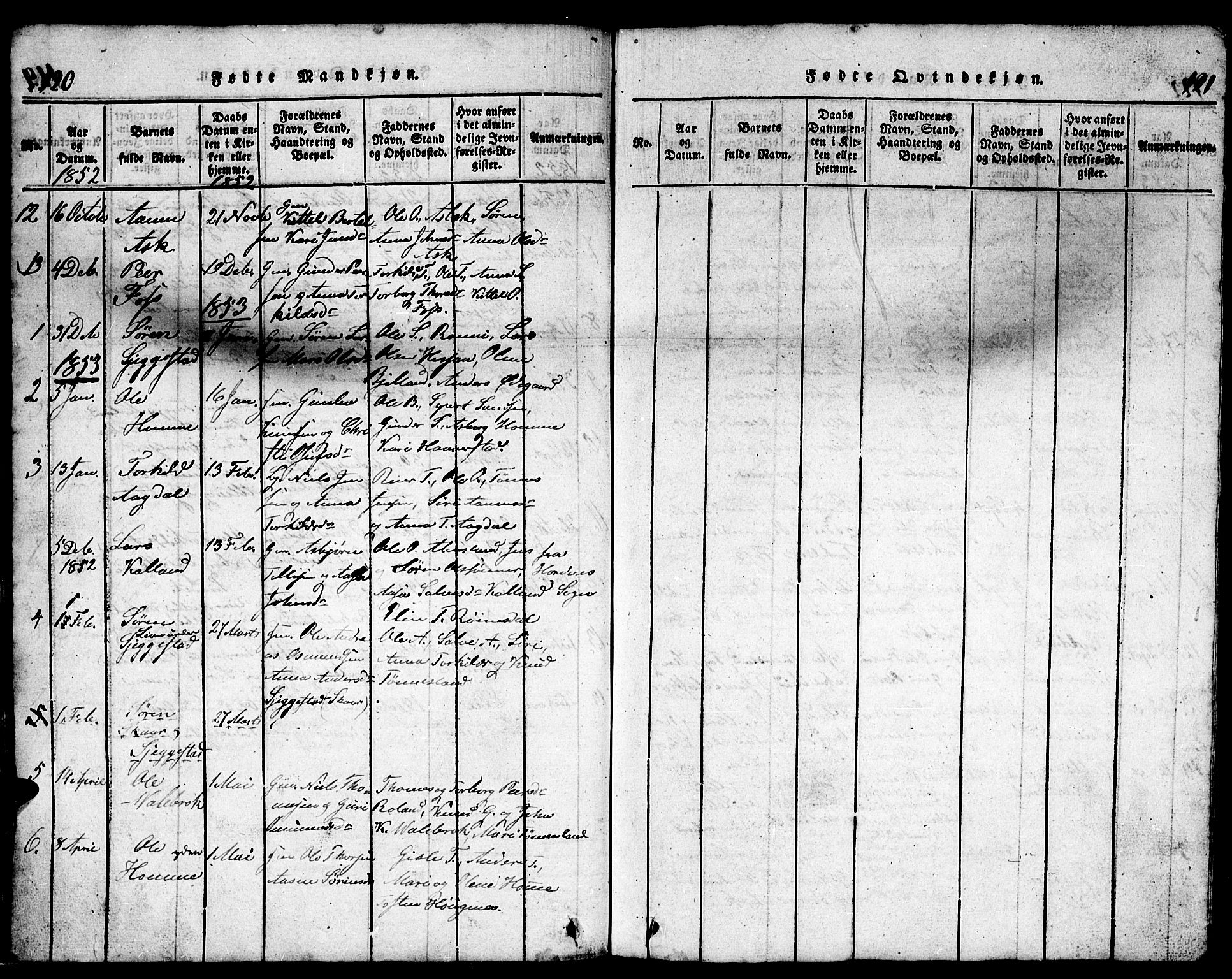 Bjelland sokneprestkontor, AV/SAK-1111-0005/F/Fb/Fba/L0003: Parish register (copy) no. B 3, 1816-1870, p. 120-121