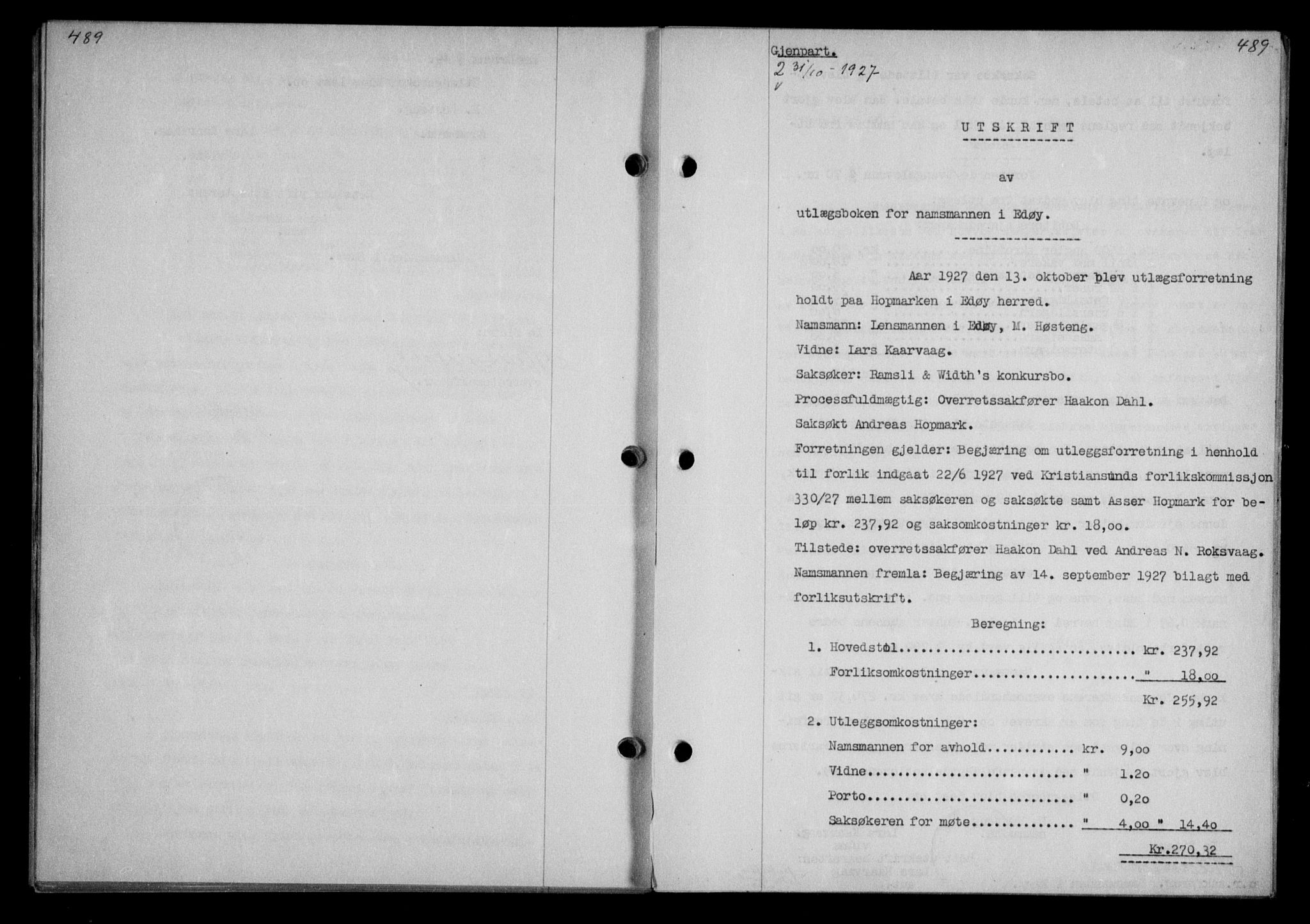 Nordmøre sorenskriveri, AV/SAT-A-4132/1/2/2Ca/L0062: Mortgage book no. 52, 1927-1927, Deed date: 31.10.1927