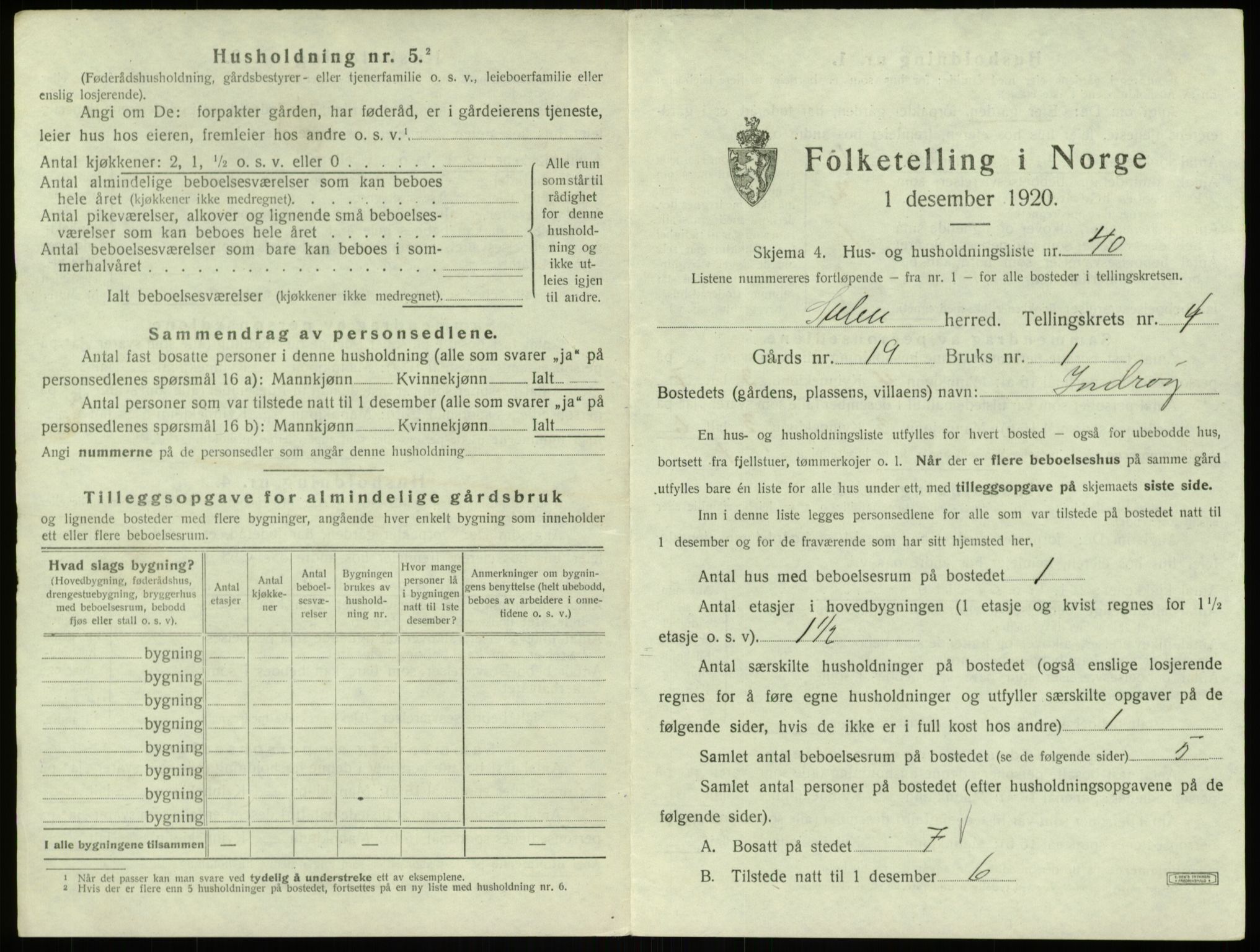 SAB, 1920 census for Solund, 1920, p. 302