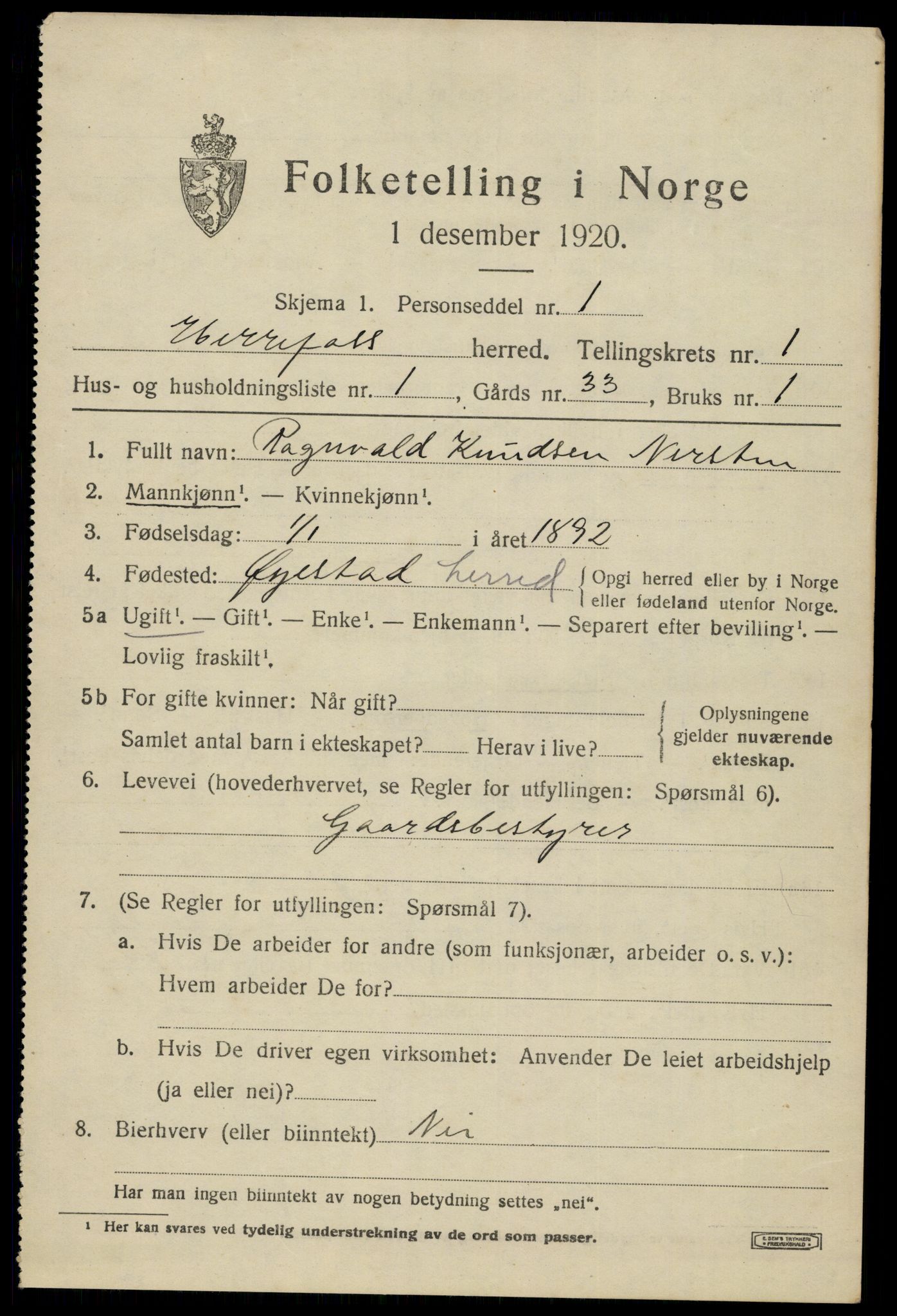 SAK, 1920 census for Herefoss, 1920, p. 230