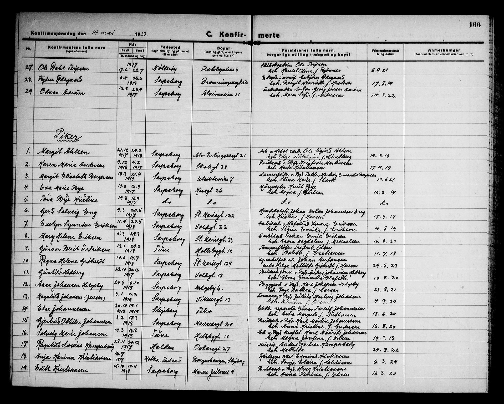 Sarpsborg prestekontor Kirkebøker, SAO/A-2006/G/Ga/L0005: Parish register (copy) no. 5, 1932-1950, p. 166