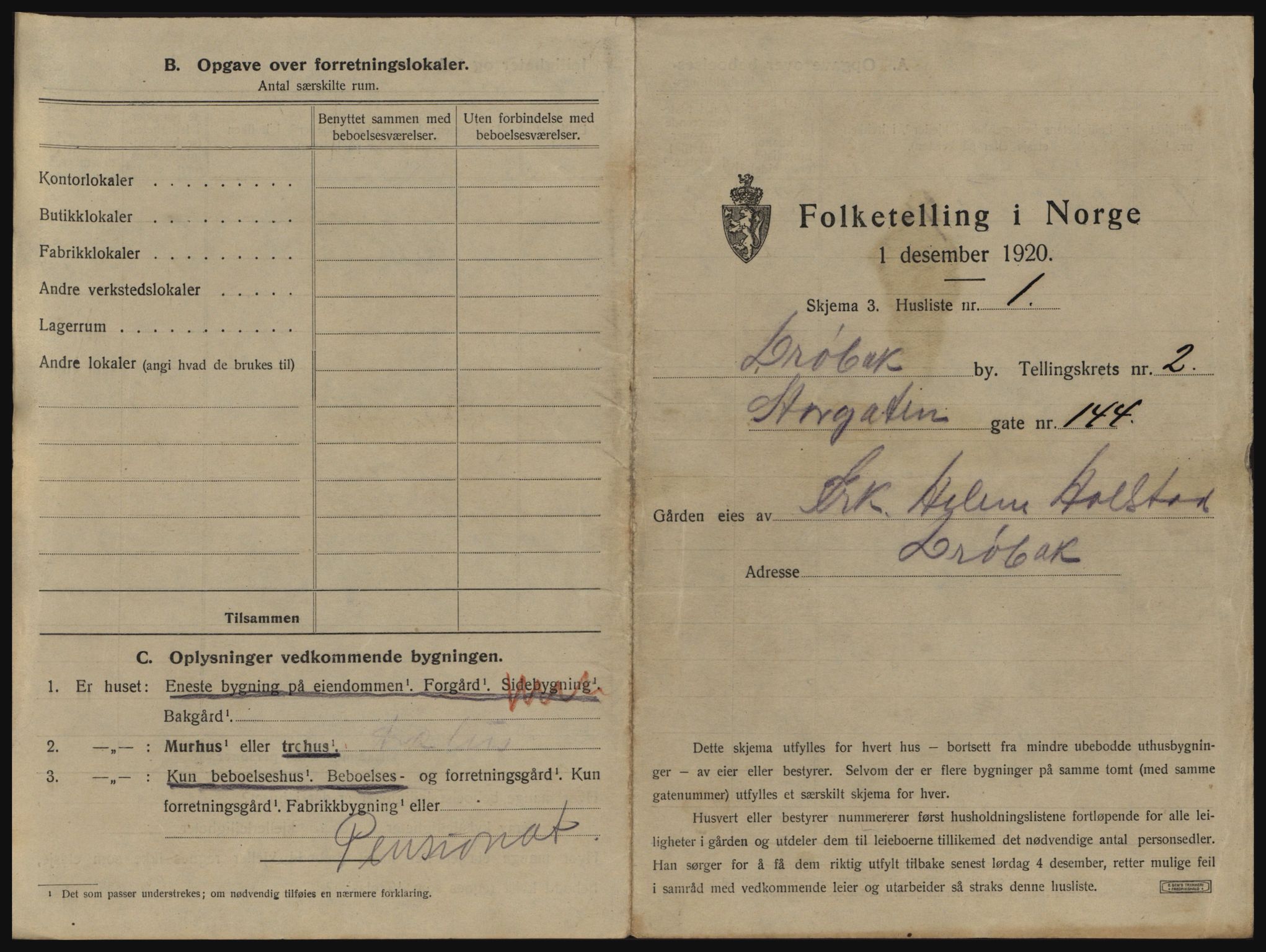 SAO, 1920 census for Drøbak, 1920, p. 171