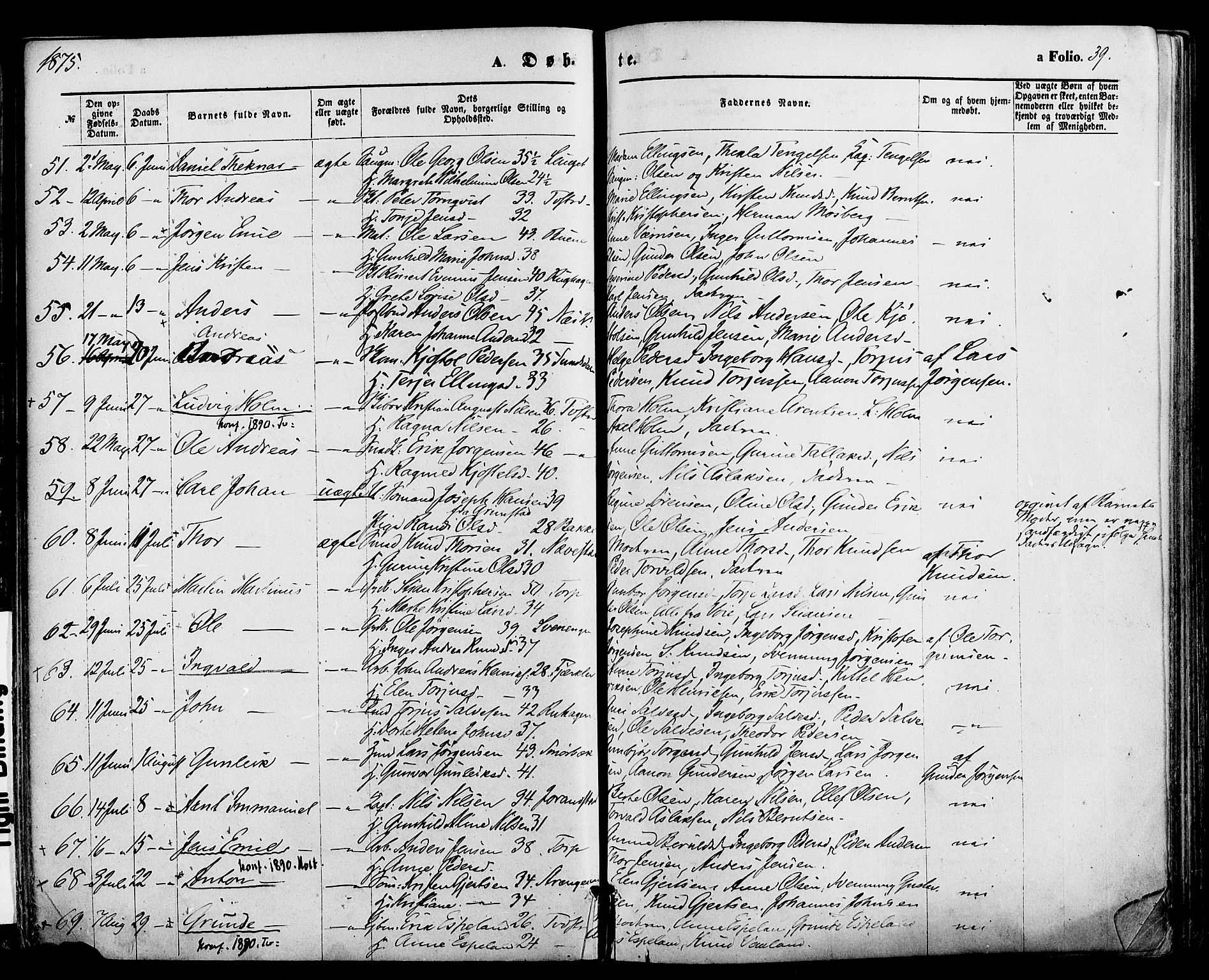 Holt sokneprestkontor, AV/SAK-1111-0021/F/Fa/L0010: Parish register (official) no. A 10, 1872-1885, p. 39