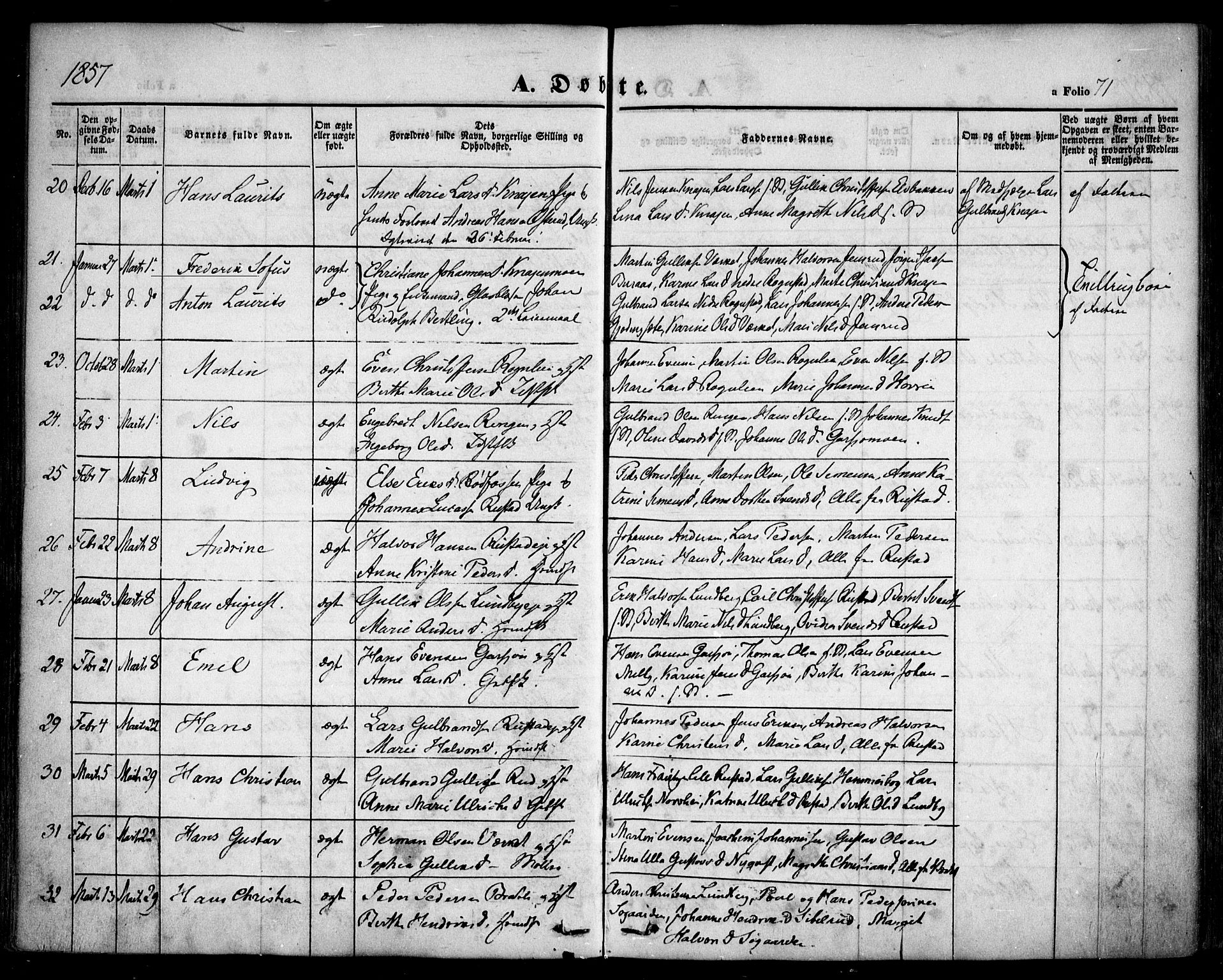 Hurdal prestekontor Kirkebøker, SAO/A-10889/F/Fa/L0005: Parish register (official) no. I 5, 1846-1859, p. 71