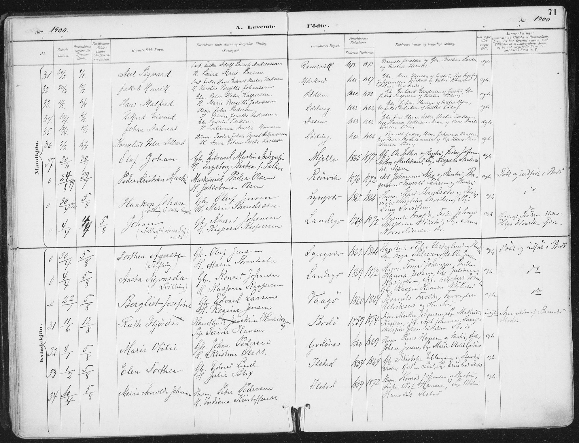 Ministerialprotokoller, klokkerbøker og fødselsregistre - Nordland, SAT/A-1459/802/L0055: Parish register (official) no. 802A02, 1894-1915, p. 71