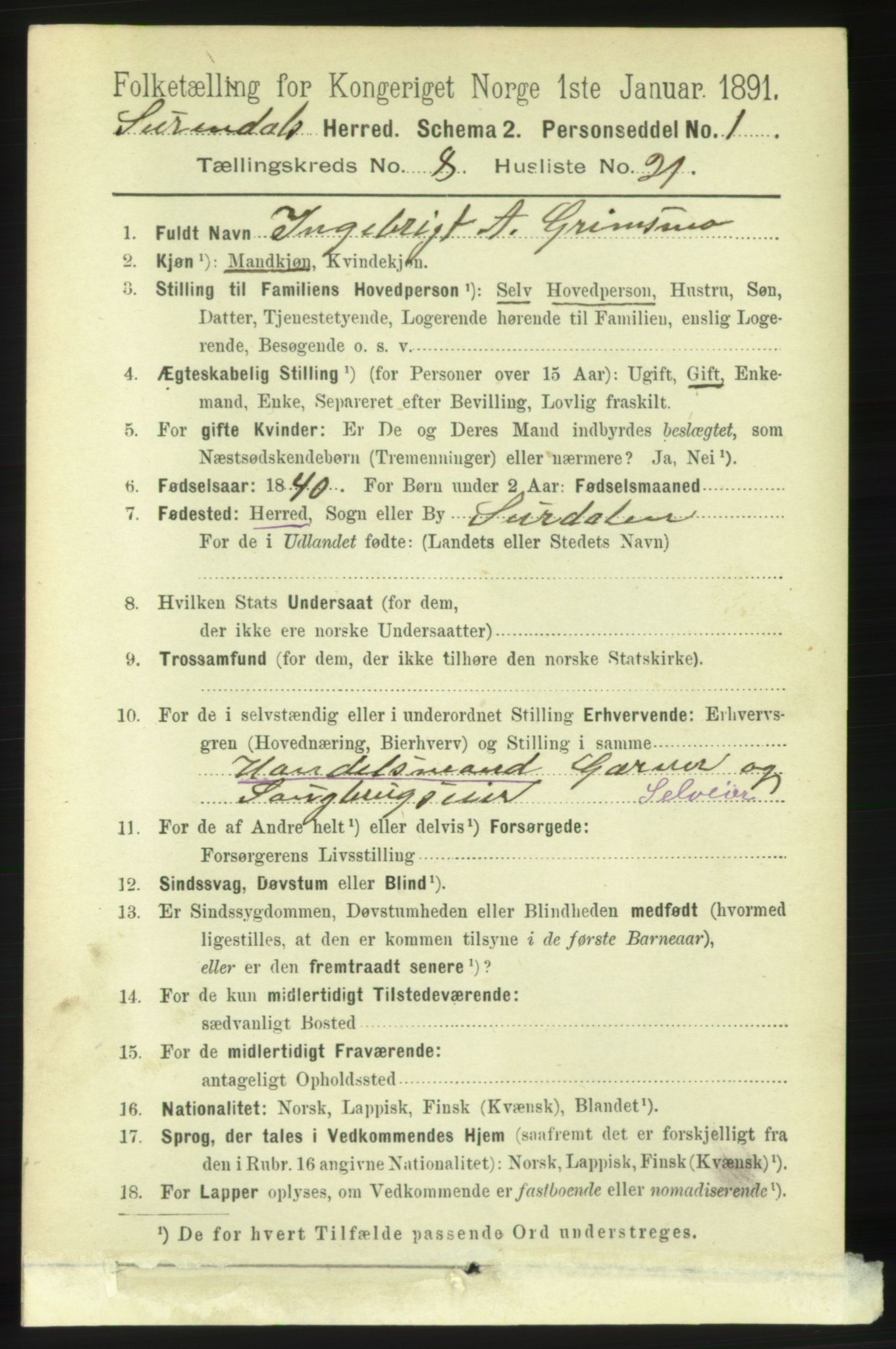 RA, 1891 census for 1566 Surnadal, 1891, p. 2193