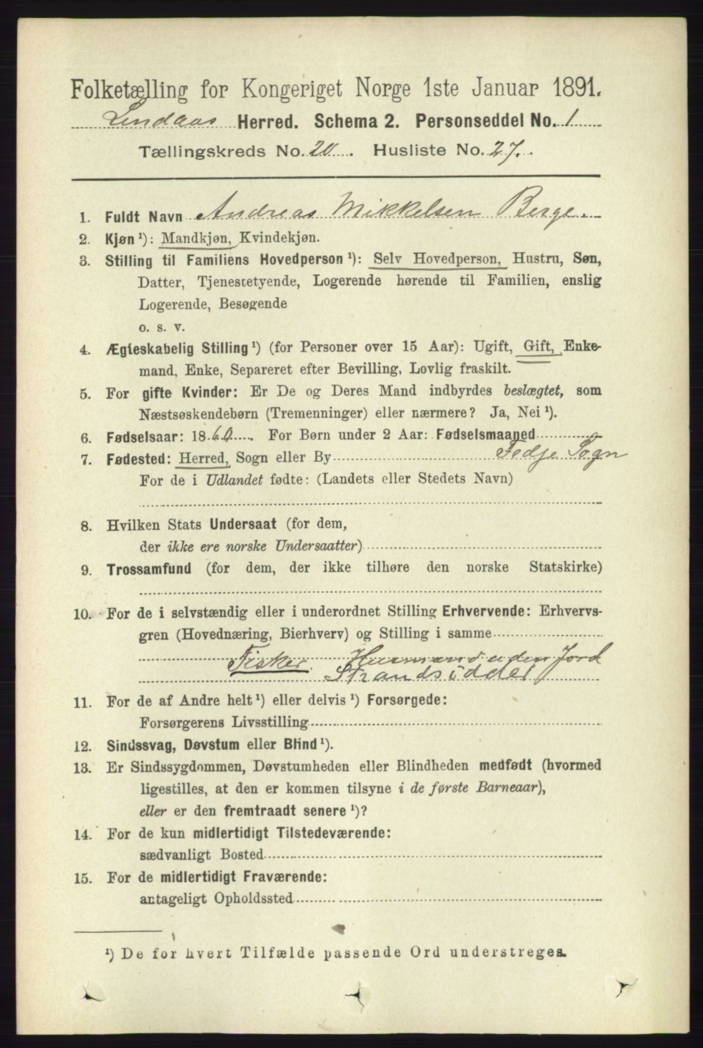RA, 1891 census for 1263 Lindås, 1891, p. 7516