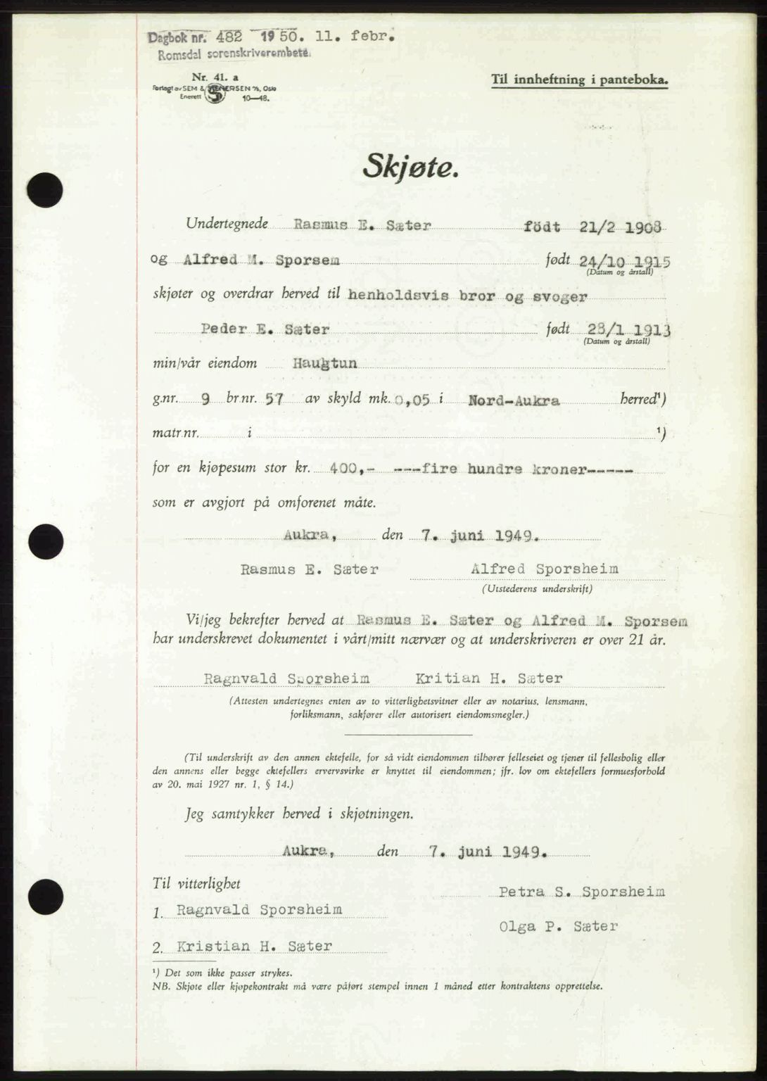 Romsdal sorenskriveri, AV/SAT-A-4149/1/2/2C: Mortgage book no. A32, 1950-1950, Diary no: : 482/1950