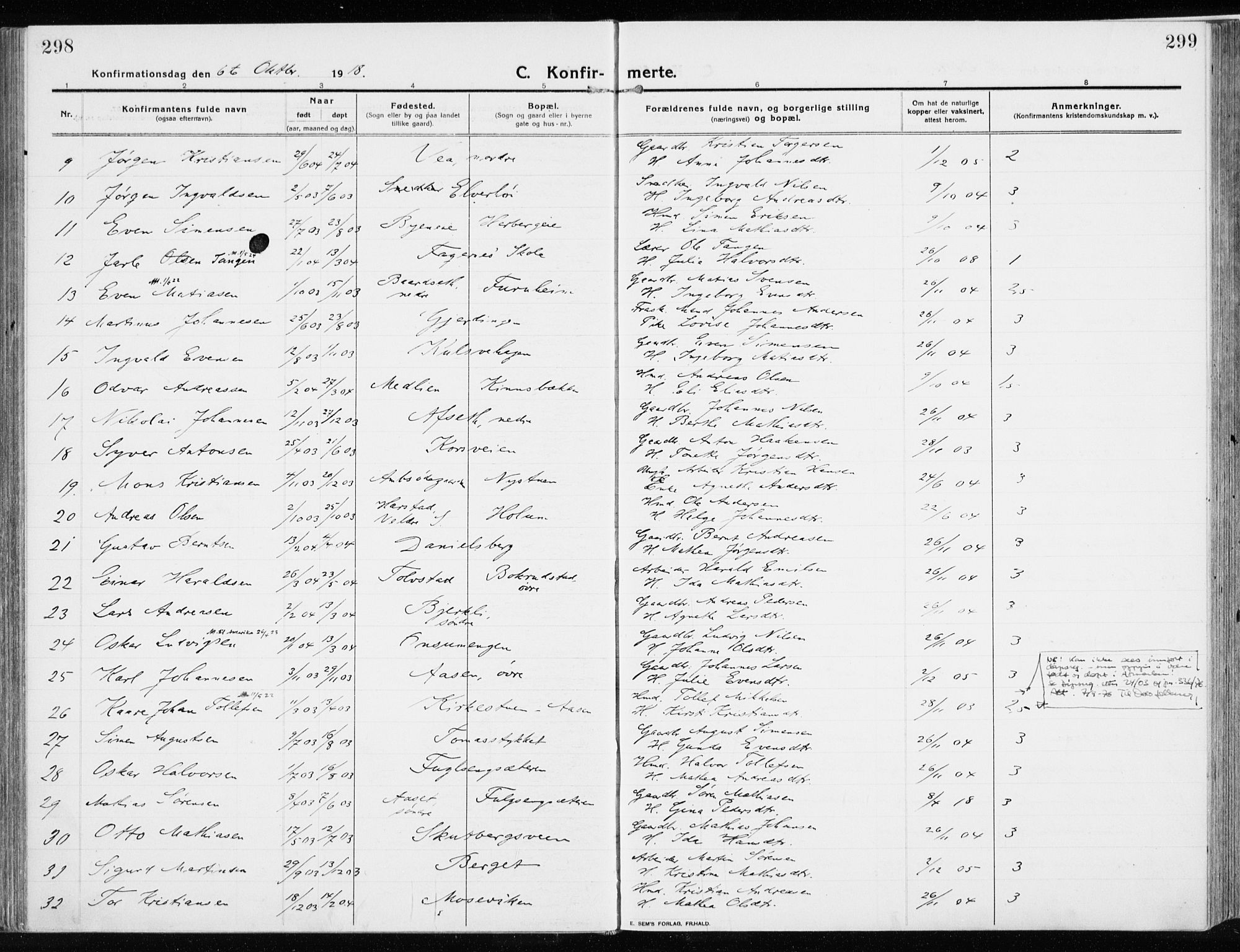 Ringsaker prestekontor, SAH/PREST-014/K/Ka/L0020: Parish register (official) no. 20, 1913-1922, p. 298-299