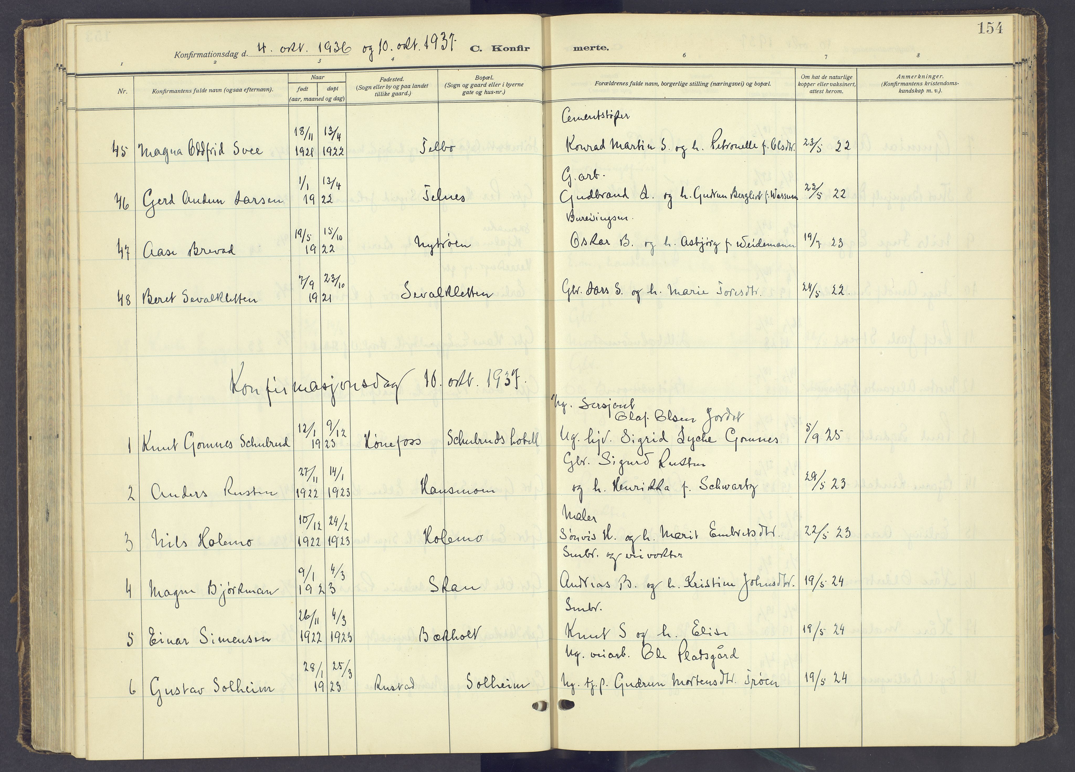 Tynset prestekontor, SAH/PREST-058/H/Ha/Haa/L0027: Parish register (official) no. 27, 1930-1944, p. 154