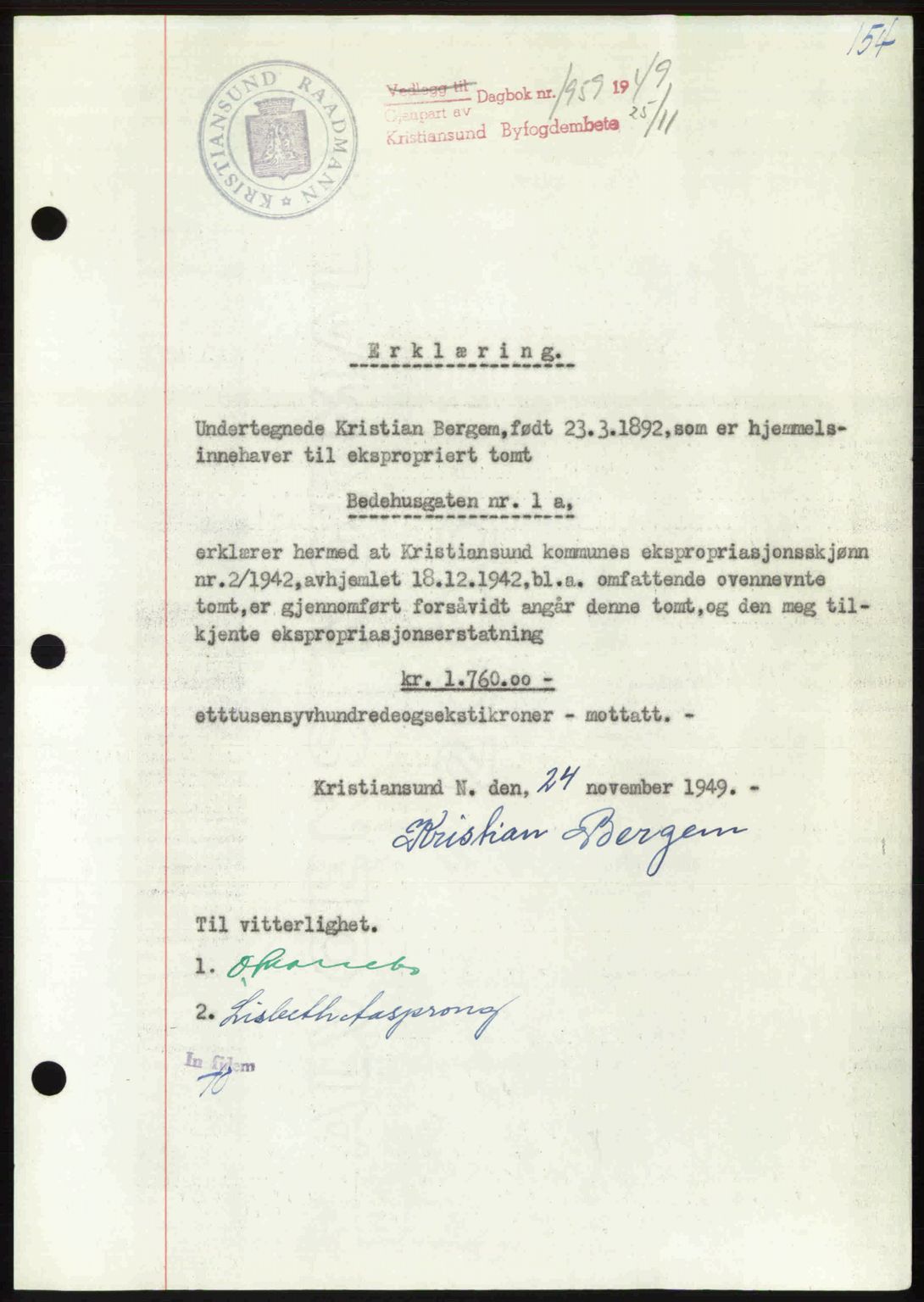 Kristiansund byfogd, AV/SAT-A-4587/A/27: Mortgage book no. 46, 1949-1950, Diary no: : 1959/1949