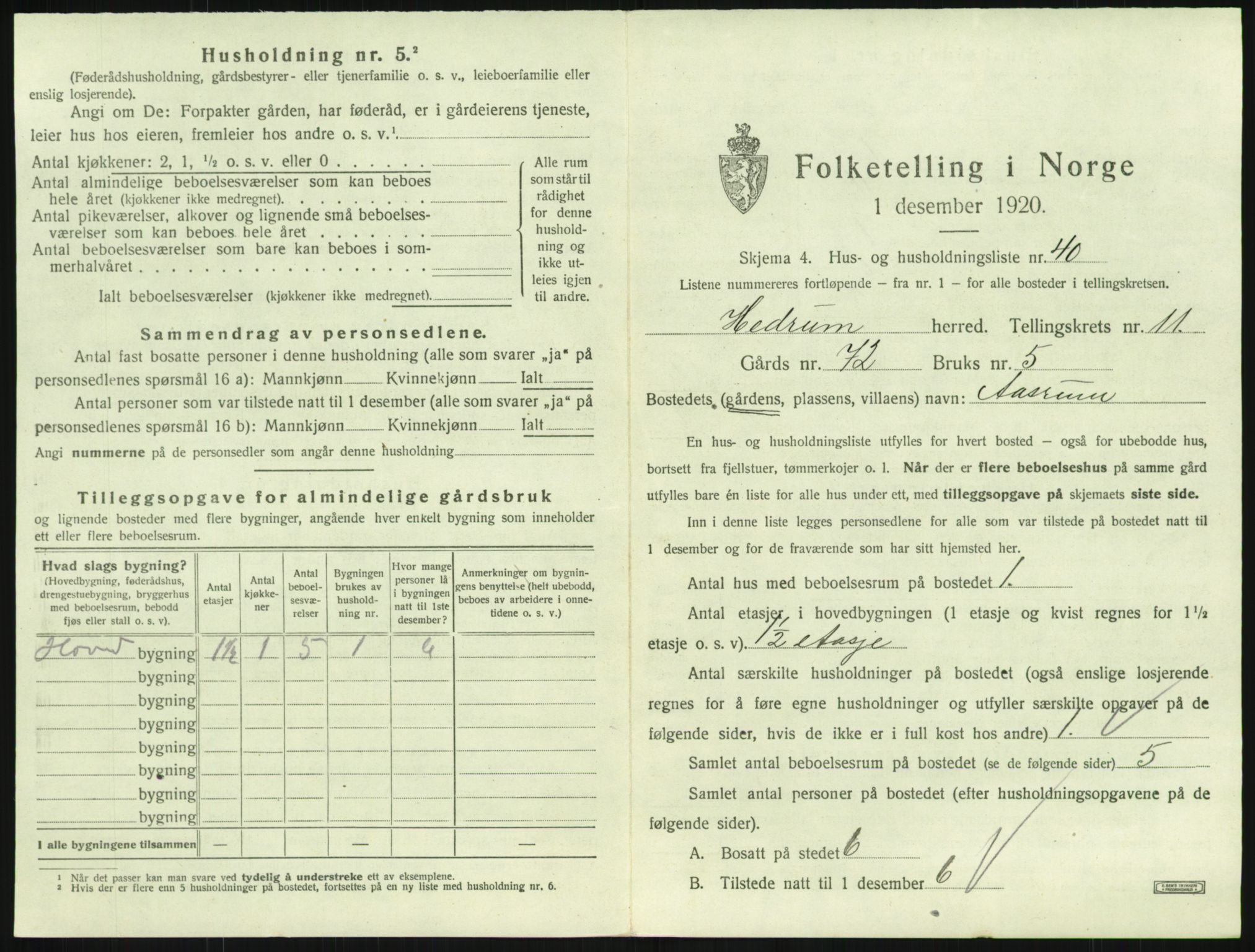 SAKO, 1920 census for Hedrum, 1920, p. 1069