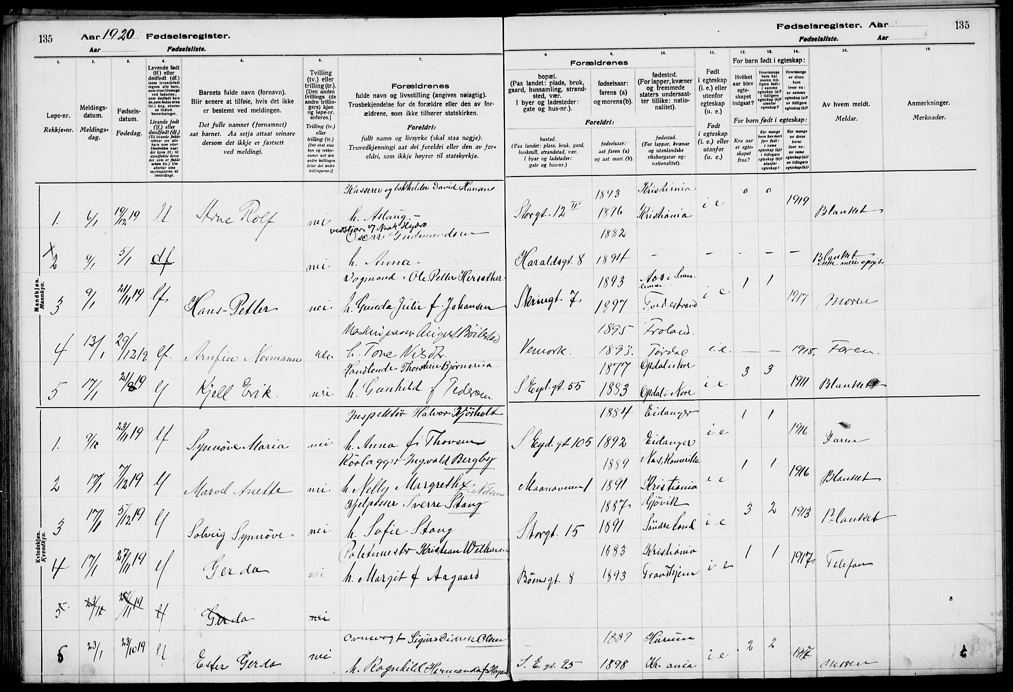 Rjukan kirkebøker, SAKO/A-294/J/Ja/L0001: Birth register no. 1, 1916-1922, p. 135