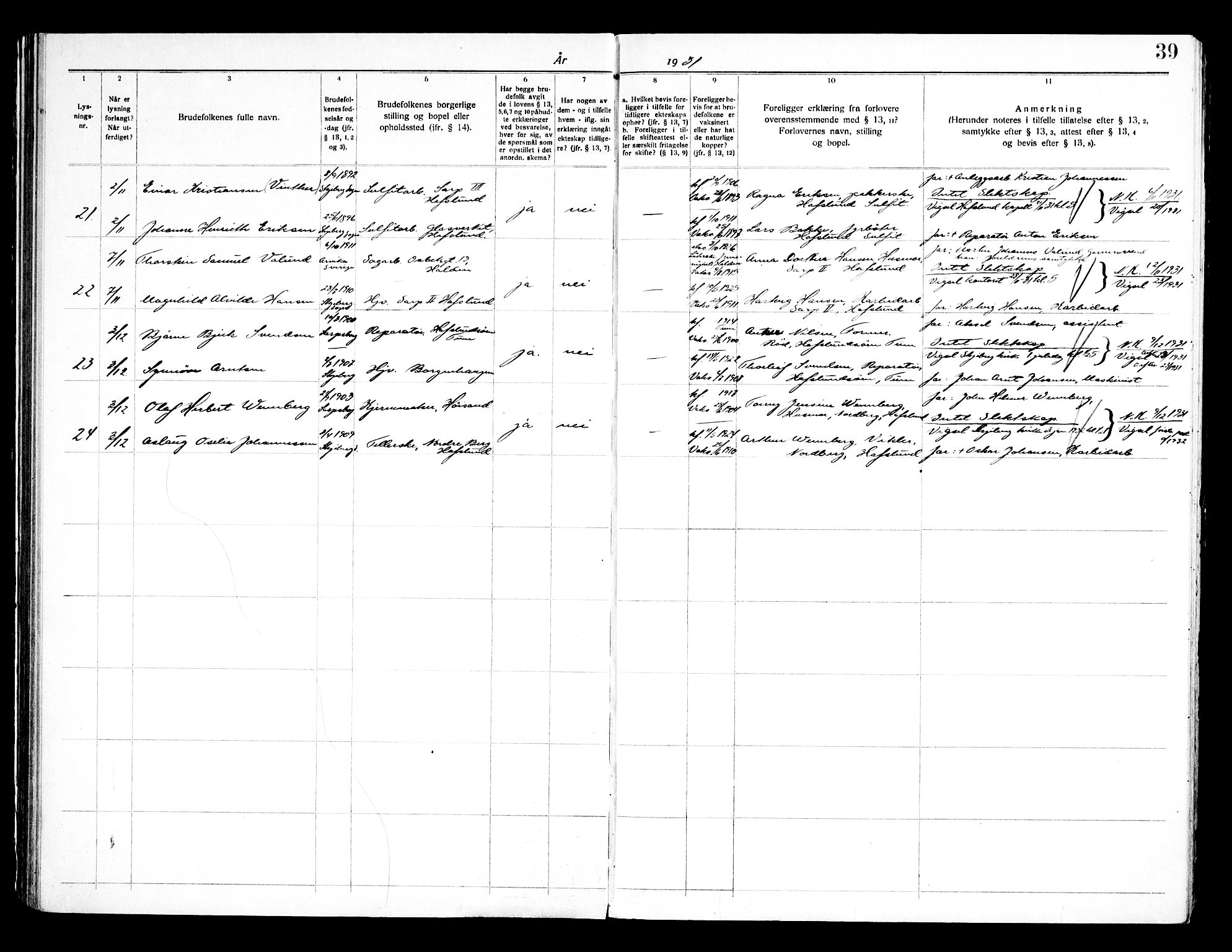 Skjeberg prestekontor Kirkebøker, SAO/A-10923/H/Hc/L0001: Banns register no. III 1, 1919-1949, p. 39