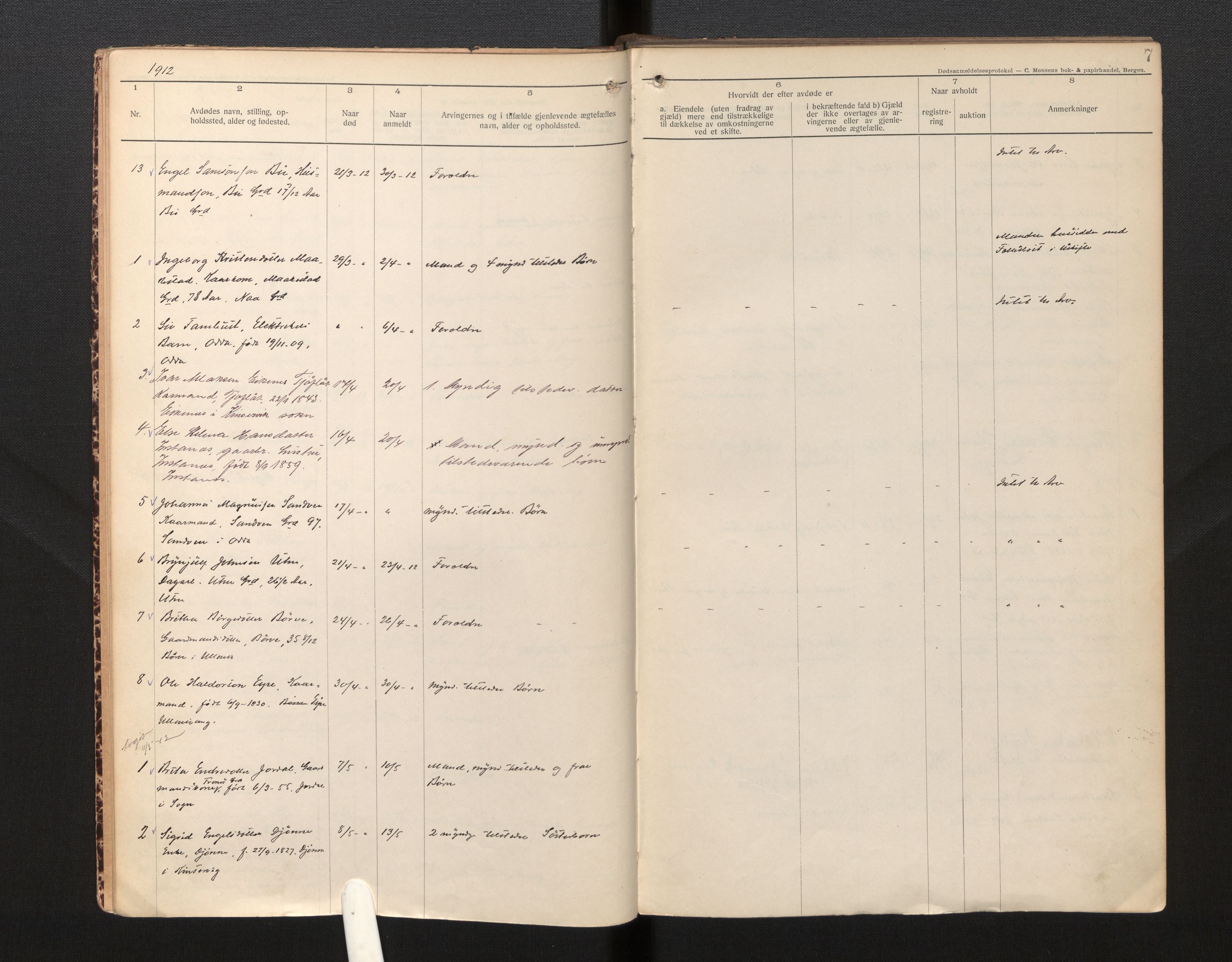 Lensmannen i Ullensvang, SAB/A-35501/0006/L0006: Dødsfallprotokoll, 1911-1920, p. 7