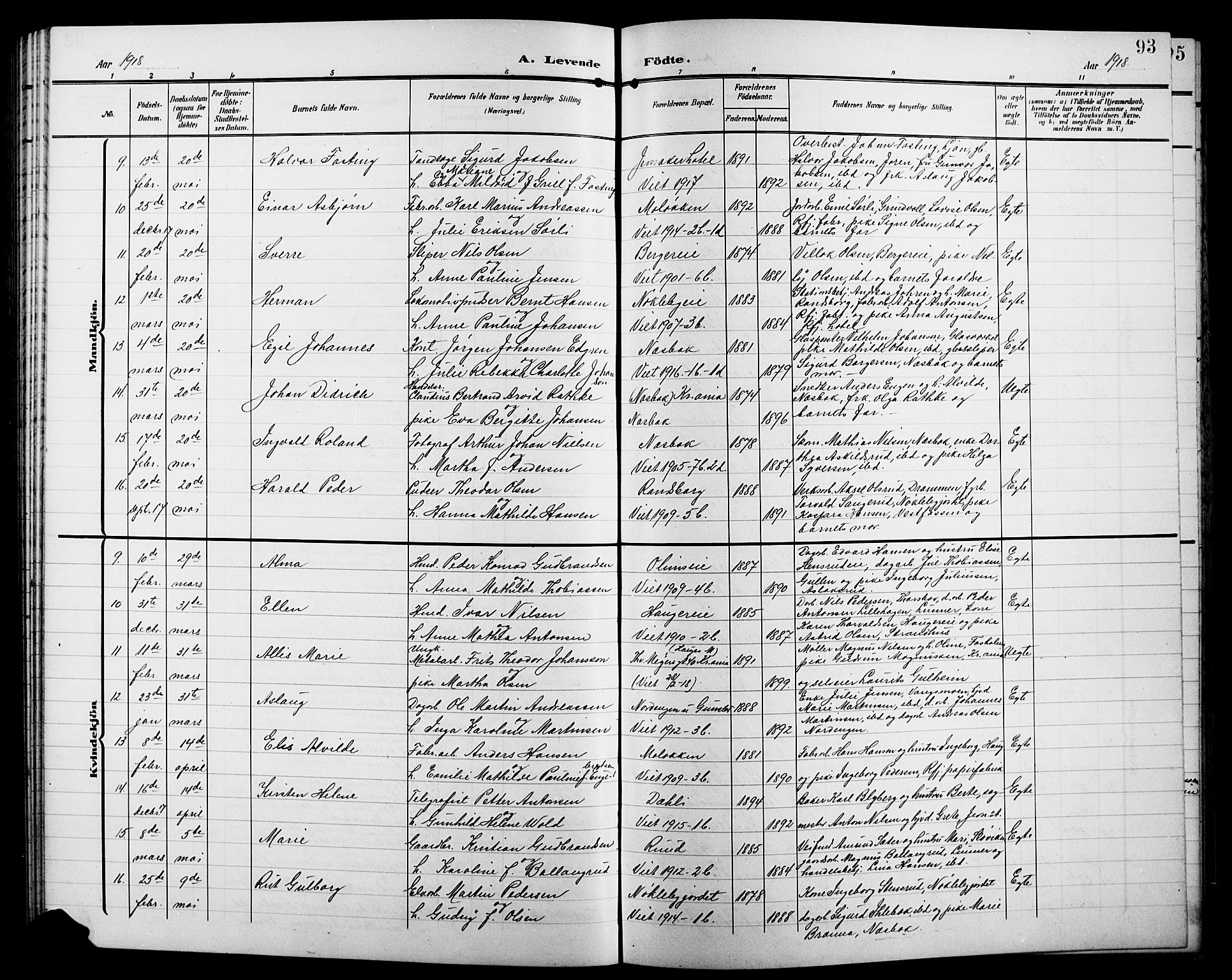 Jevnaker prestekontor, SAH/PREST-116/H/Ha/Hab/L0004: Parish register (copy) no. 4, 1907-1918, p. 93