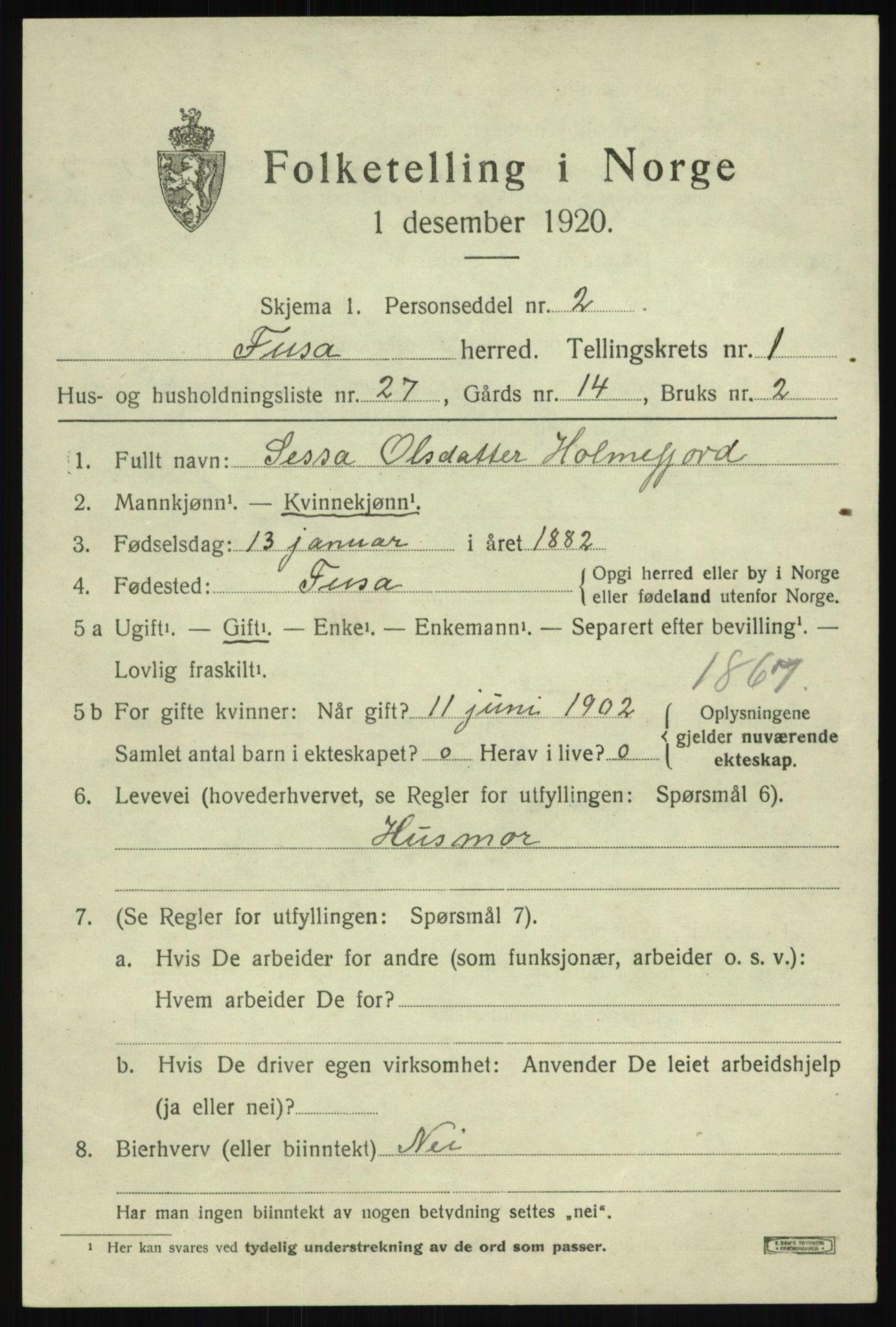 SAB, 1920 census for Fusa, 1920, p. 787