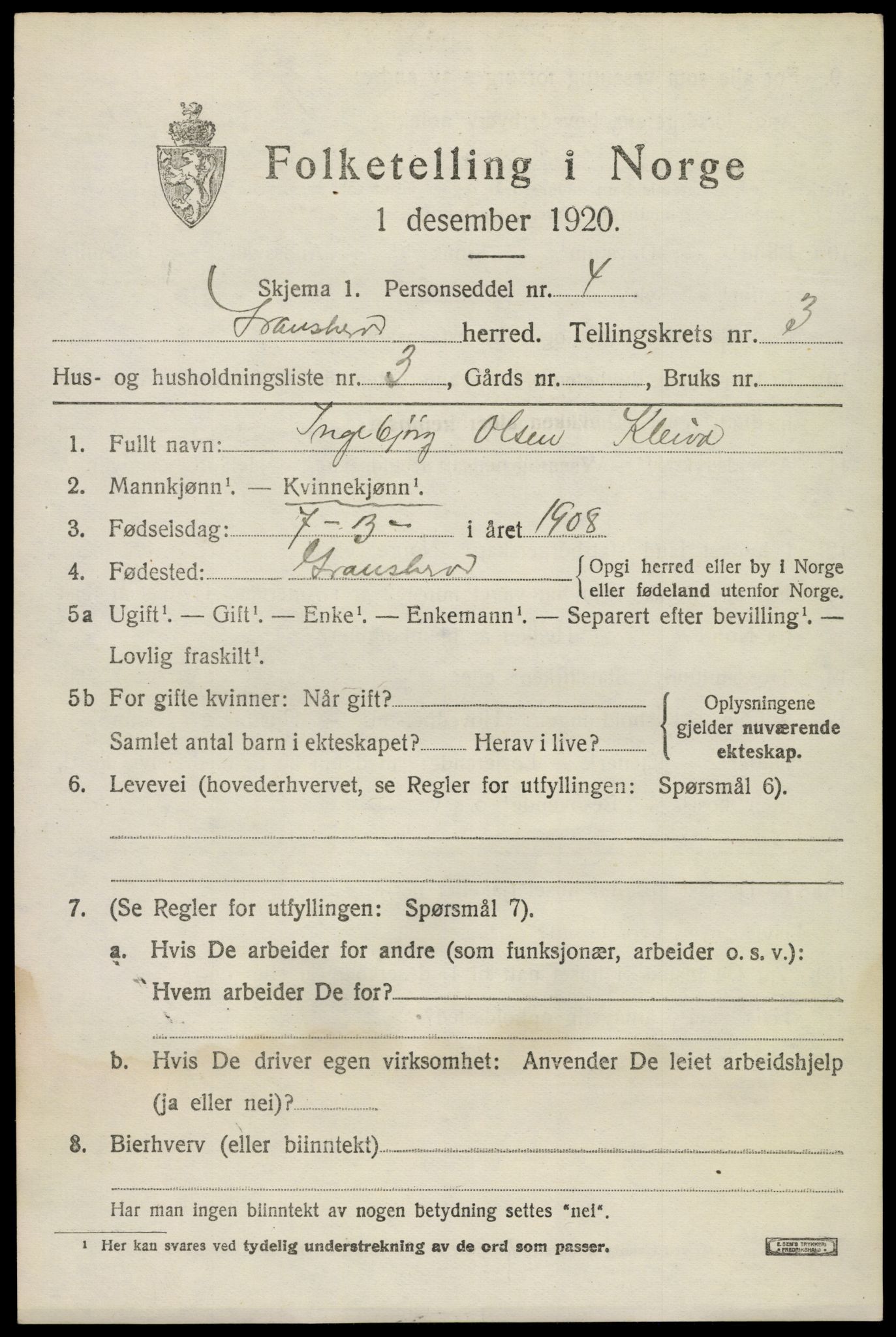 SAKO, 1920 census for Gransherad, 1920, p. 1432