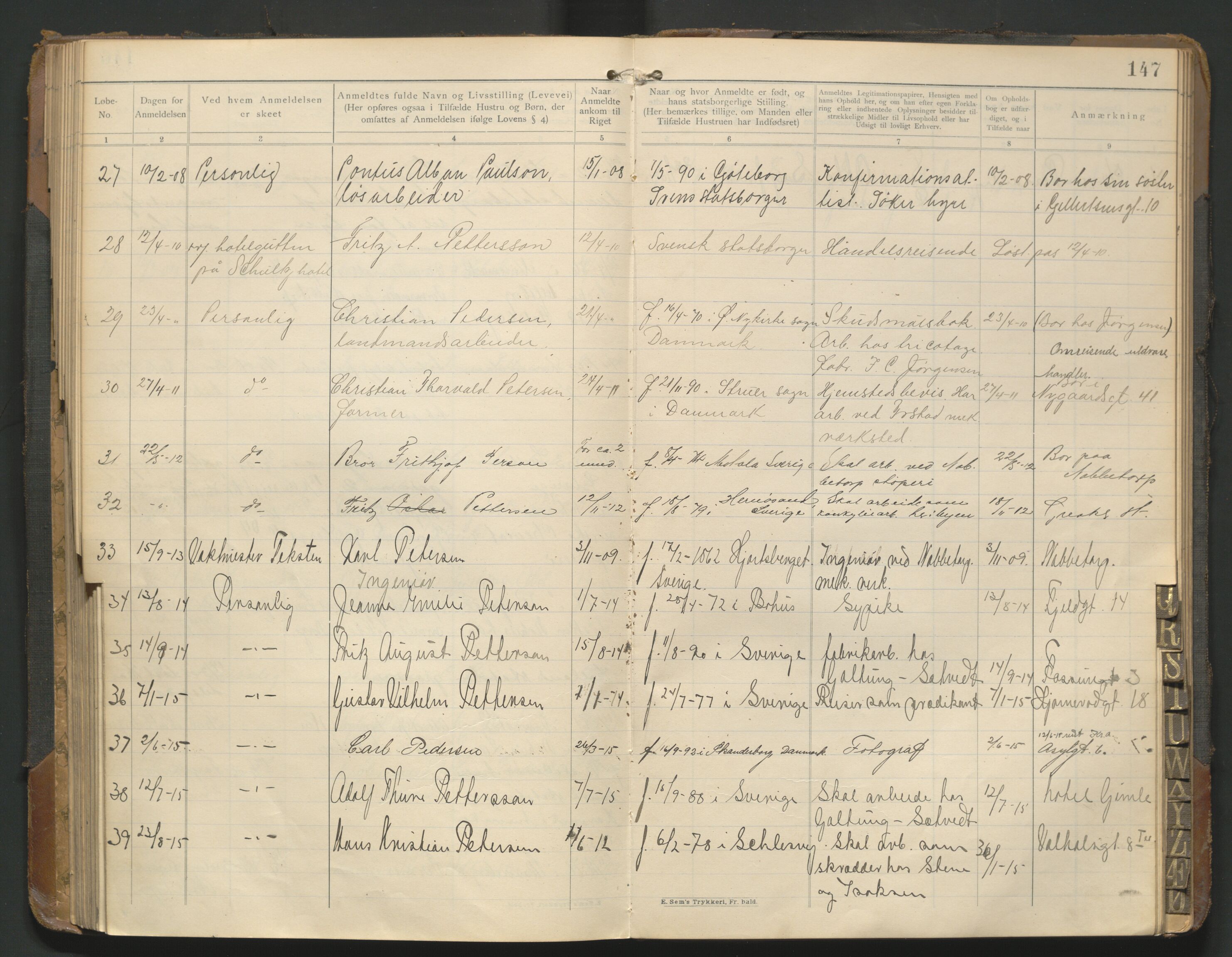 Fredrikstad politikammer, AV/SAO-A-10055/H/Hb/Hba/L0001: Protokoll over fremmede statsborgere, 1901-1916, p. 146b-147a