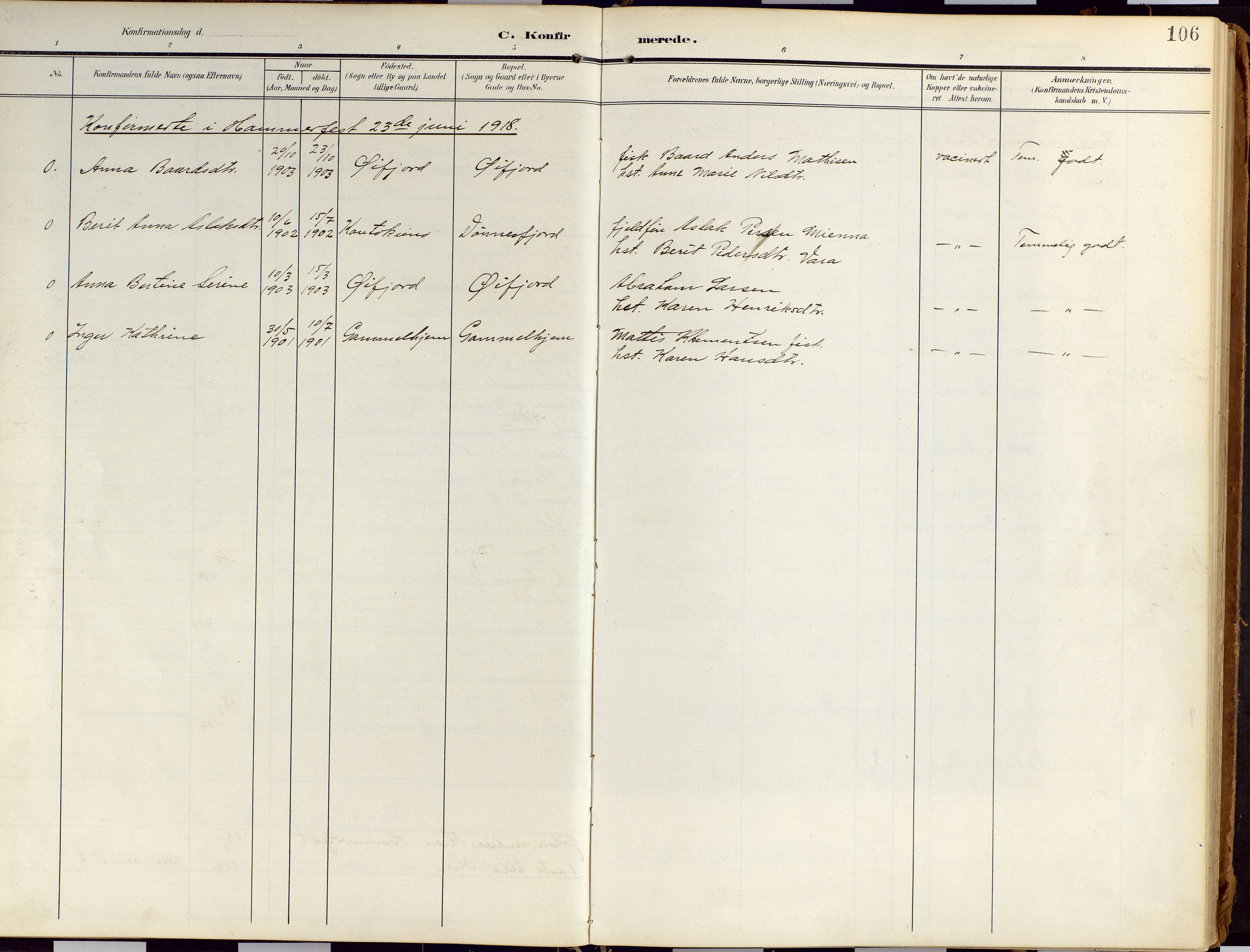 Loppa sokneprestkontor, SATØ/S-1339/H/Ha/L0010kirke: Parish register (official) no. 10, 1907-1922, p. 106