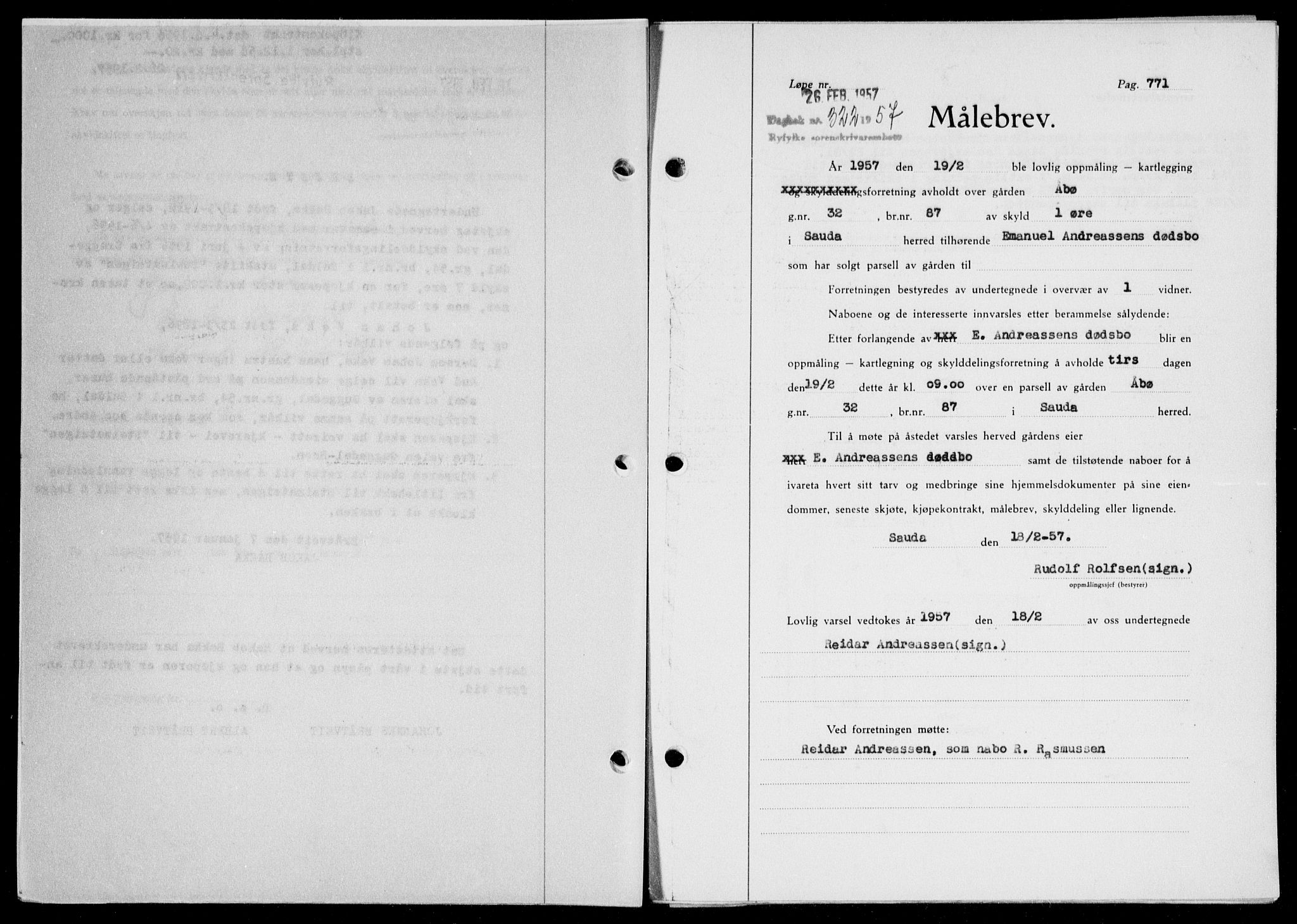 Ryfylke tingrett, AV/SAST-A-100055/001/II/IIB/L0135: Mortgage book no. 114, 1956-1957, Diary no: : 322/1957