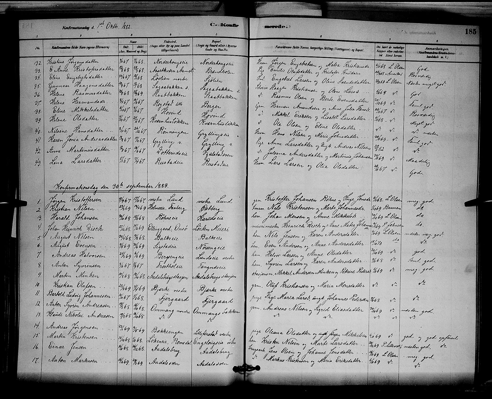 Løten prestekontor, SAH/PREST-022/L/La/L0005: Parish register (copy) no. 5, 1878-1891, p. 185