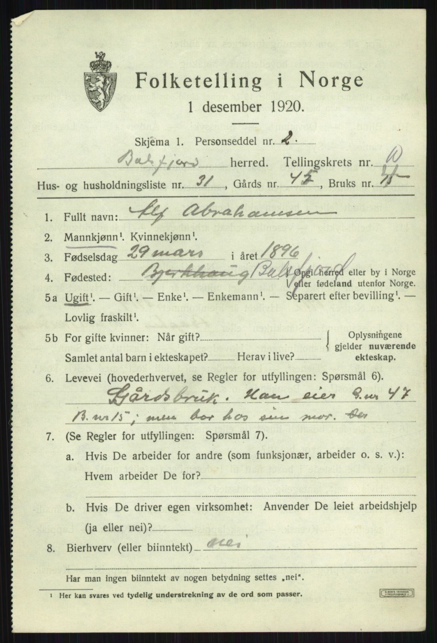 SATØ, 1920 census for Balsfjord, 1920, p. 5887