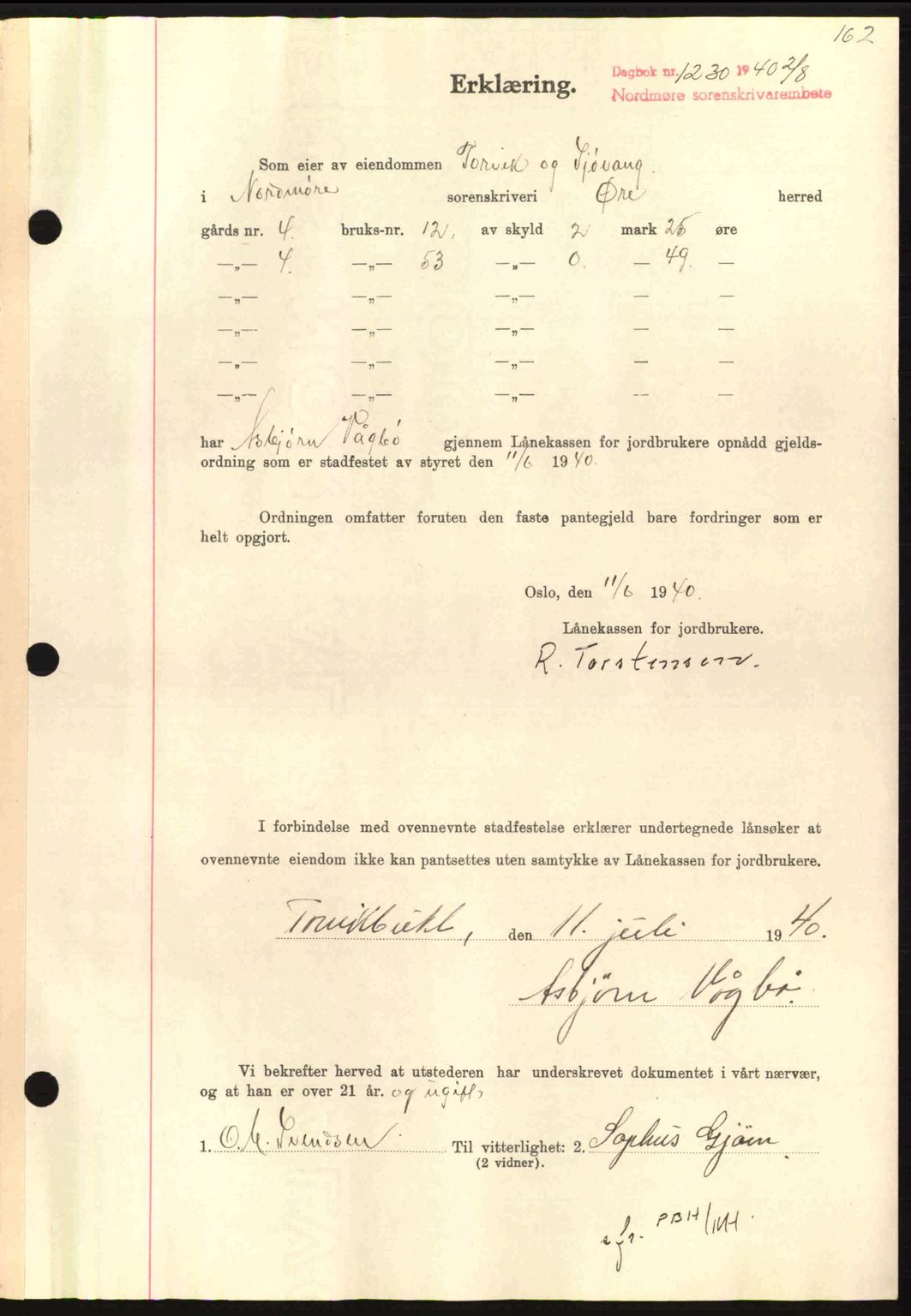 Nordmøre sorenskriveri, AV/SAT-A-4132/1/2/2Ca: Mortgage book no. B87, 1940-1941, Diary no: : 1230/1940