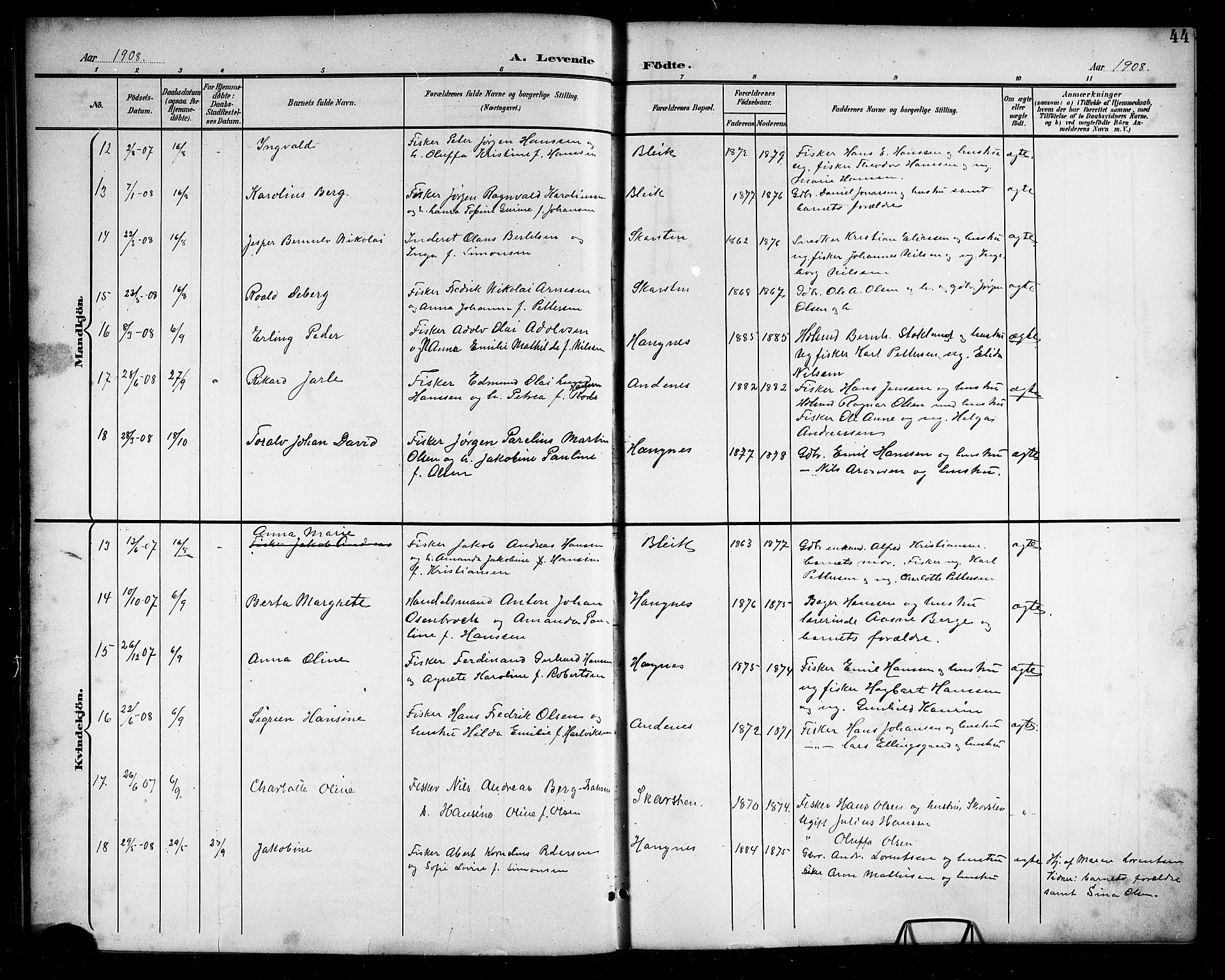 Ministerialprotokoller, klokkerbøker og fødselsregistre - Nordland, AV/SAT-A-1459/899/L1449: Parish register (copy) no. 899C04, 1900-1918, p. 44