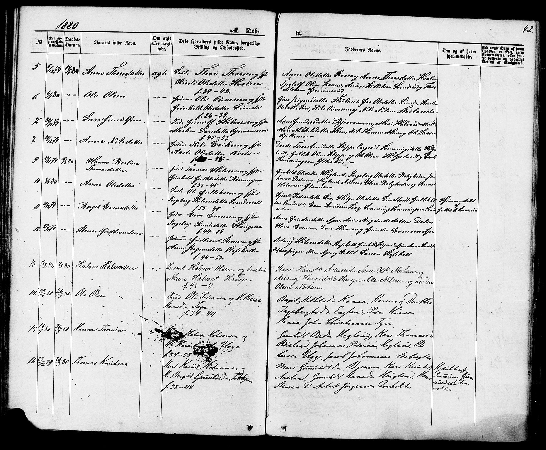 Lunde kirkebøker, SAKO/A-282/F/Fa/L0001: Parish register (official) no. I 1, 1866-1883, p. 42