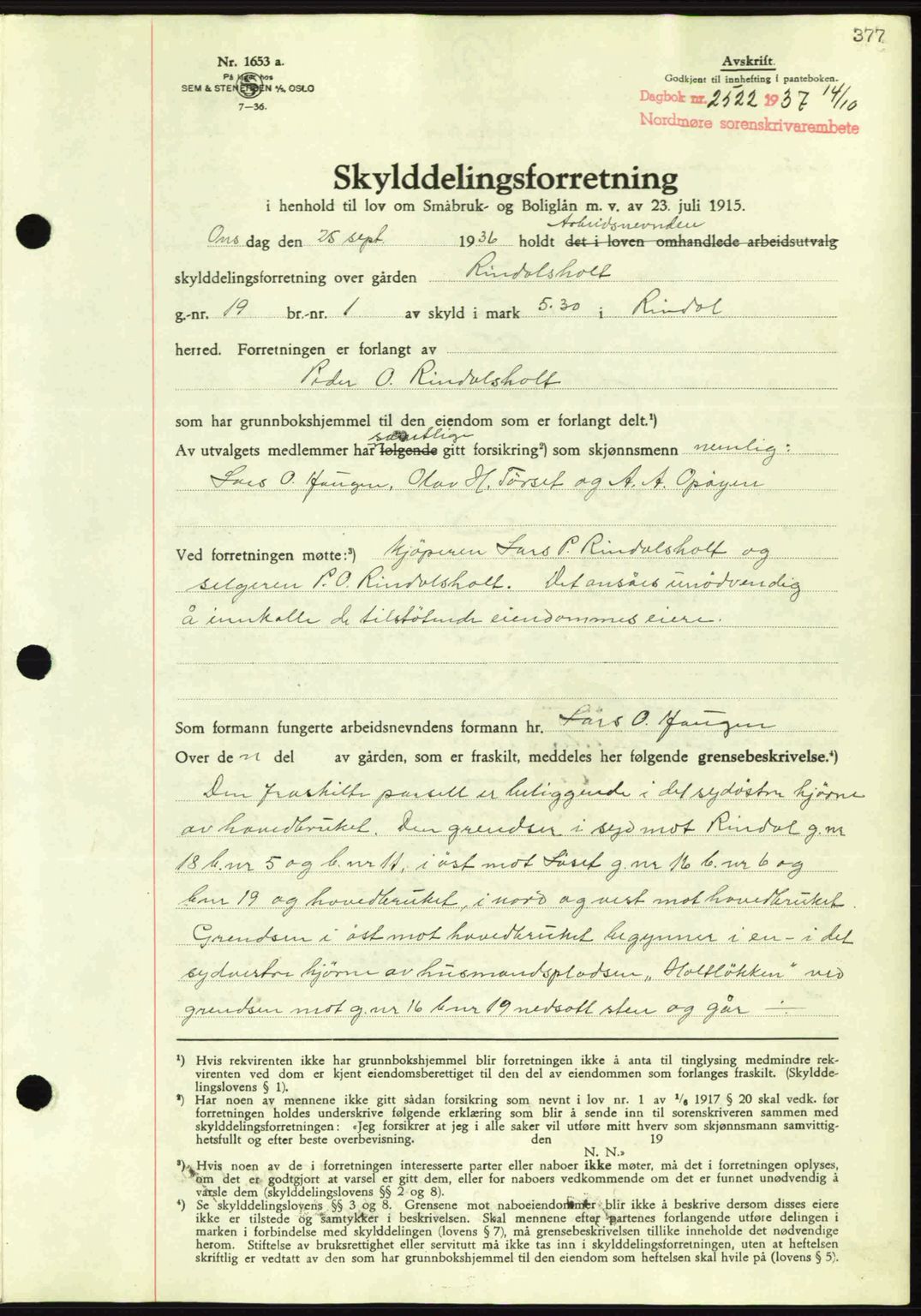 Nordmøre sorenskriveri, SAT/A-4132/1/2/2Ca: Mortgage book no. A82, 1937-1938, Diary no: : 2522/1937