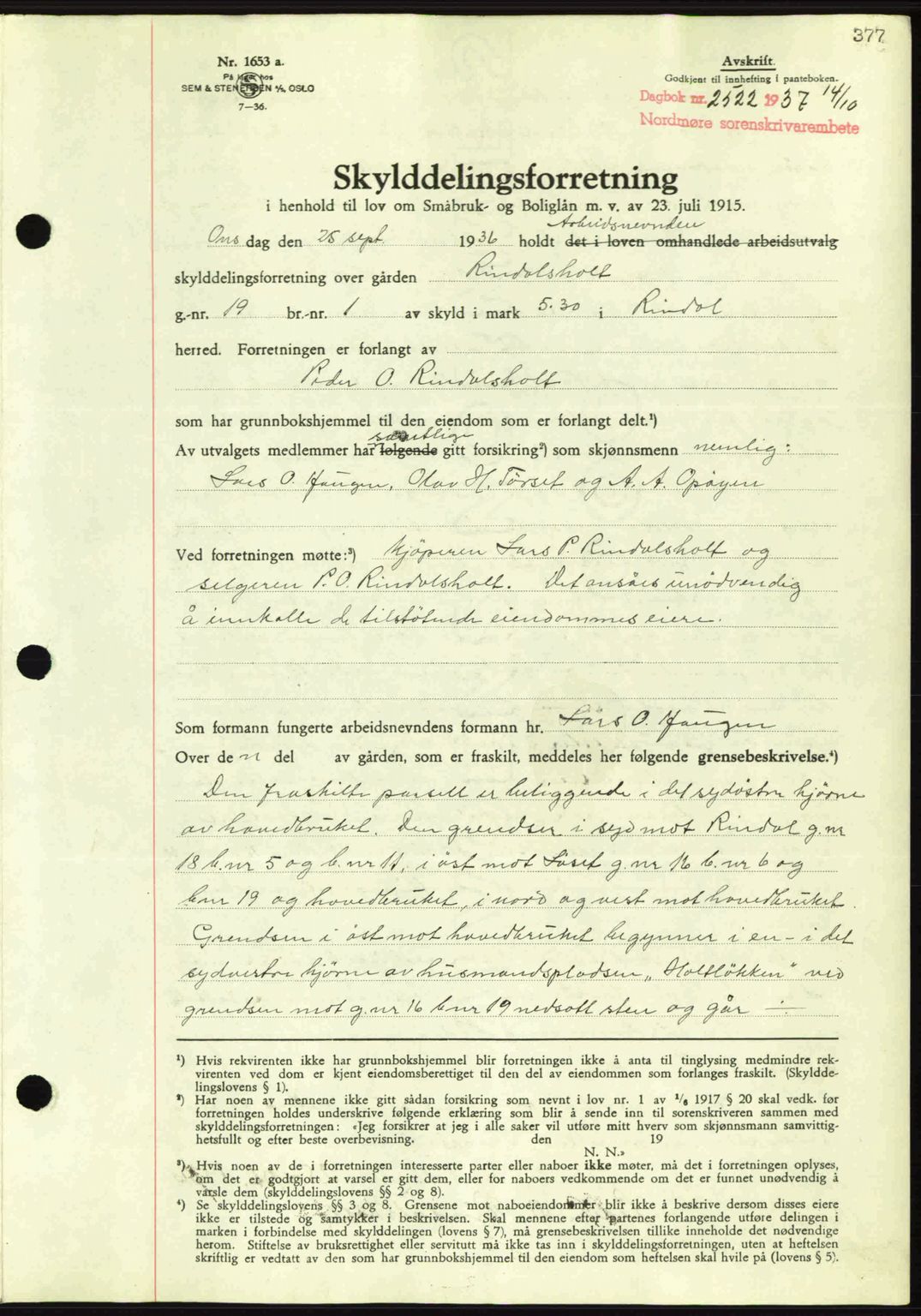 Nordmøre sorenskriveri, AV/SAT-A-4132/1/2/2Ca: Mortgage book no. A82, 1937-1938, Diary no: : 2522/1937