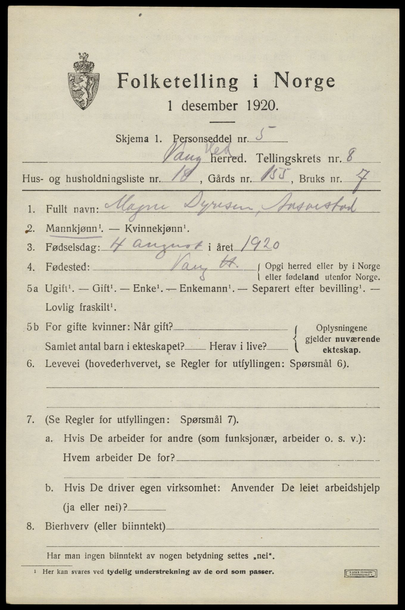 SAH, 1920 census for Vang (Hedmark), 1920, p. 17645