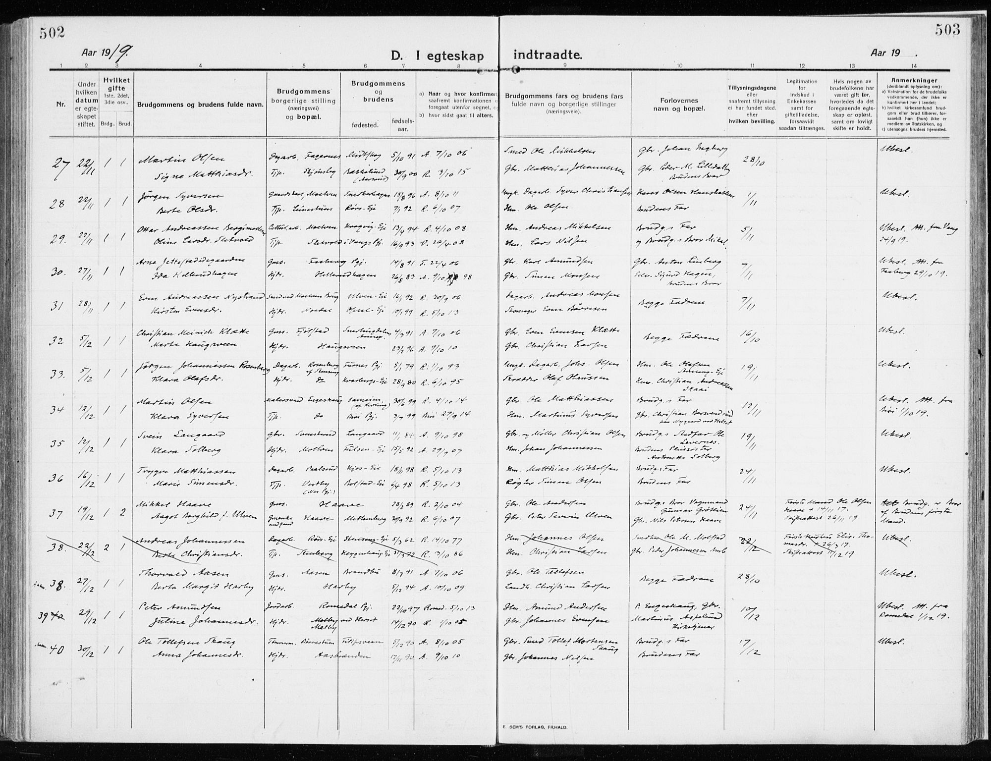 Ringsaker prestekontor, AV/SAH-PREST-014/K/Ka/L0020: Parish register (official) no. 20, 1913-1922, p. 502-503