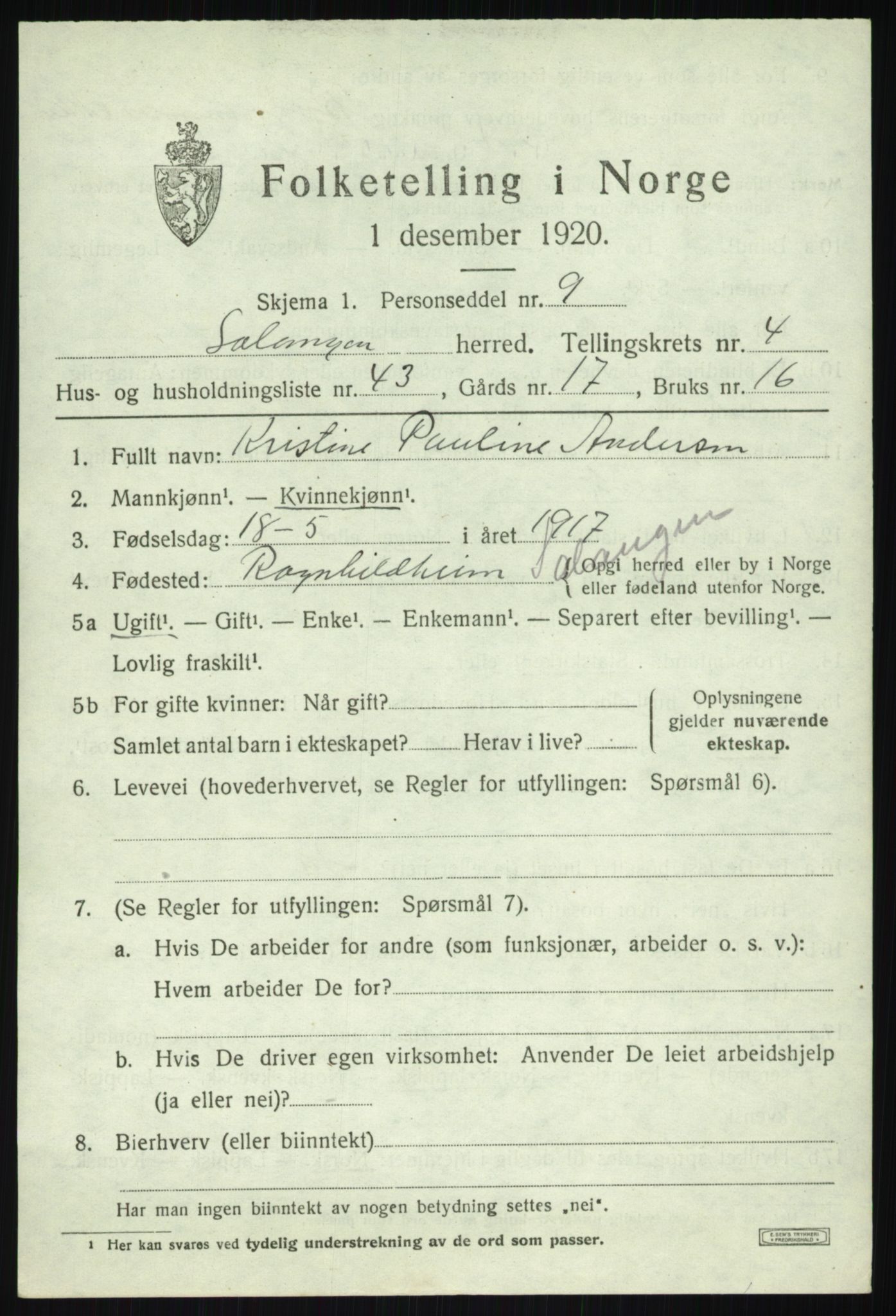 SATØ, 1920 census for Salangen, 1920, p. 2790