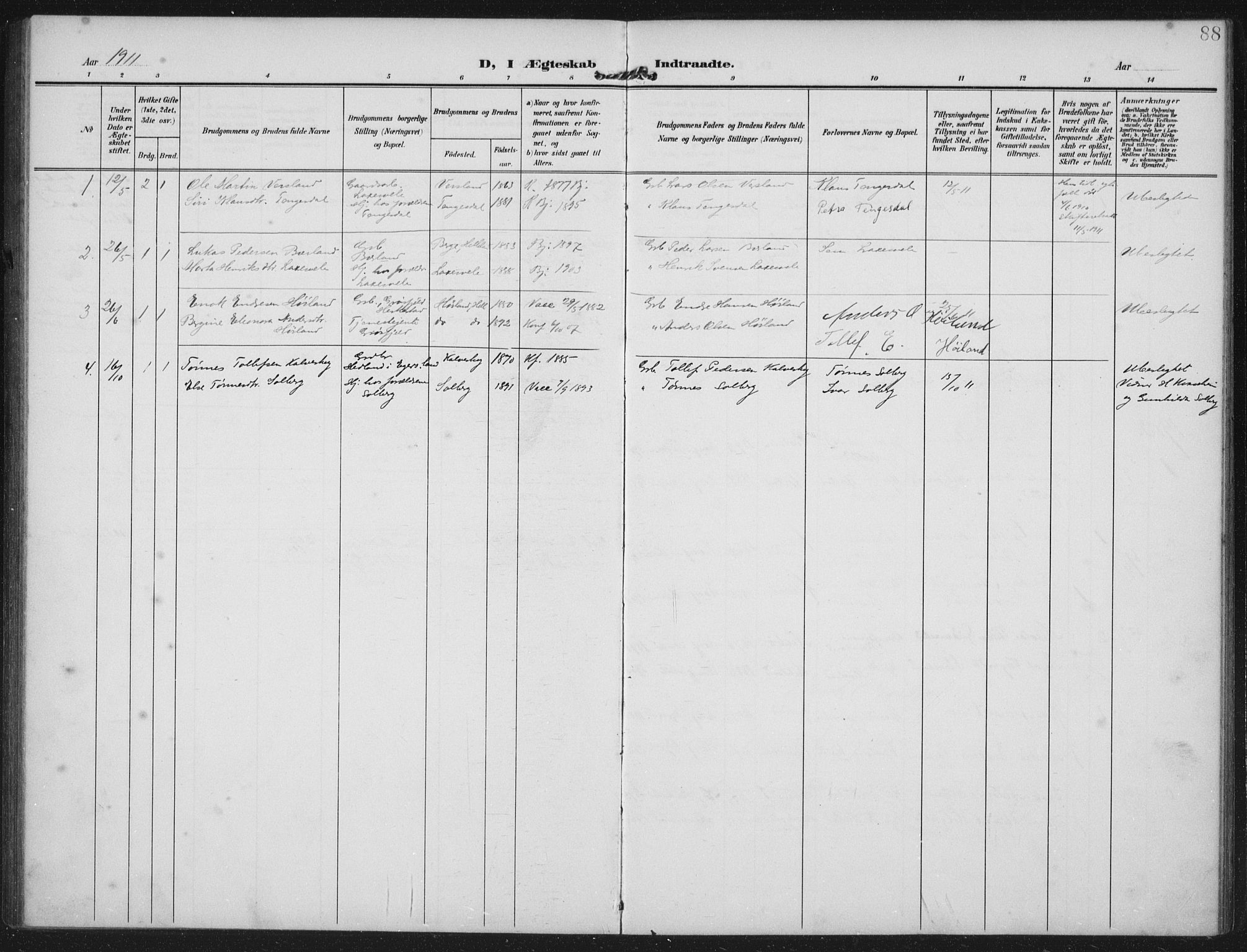 Helleland sokneprestkontor, AV/SAST-A-101810: Parish register (official) no. A 12, 1906-1923, p. 88