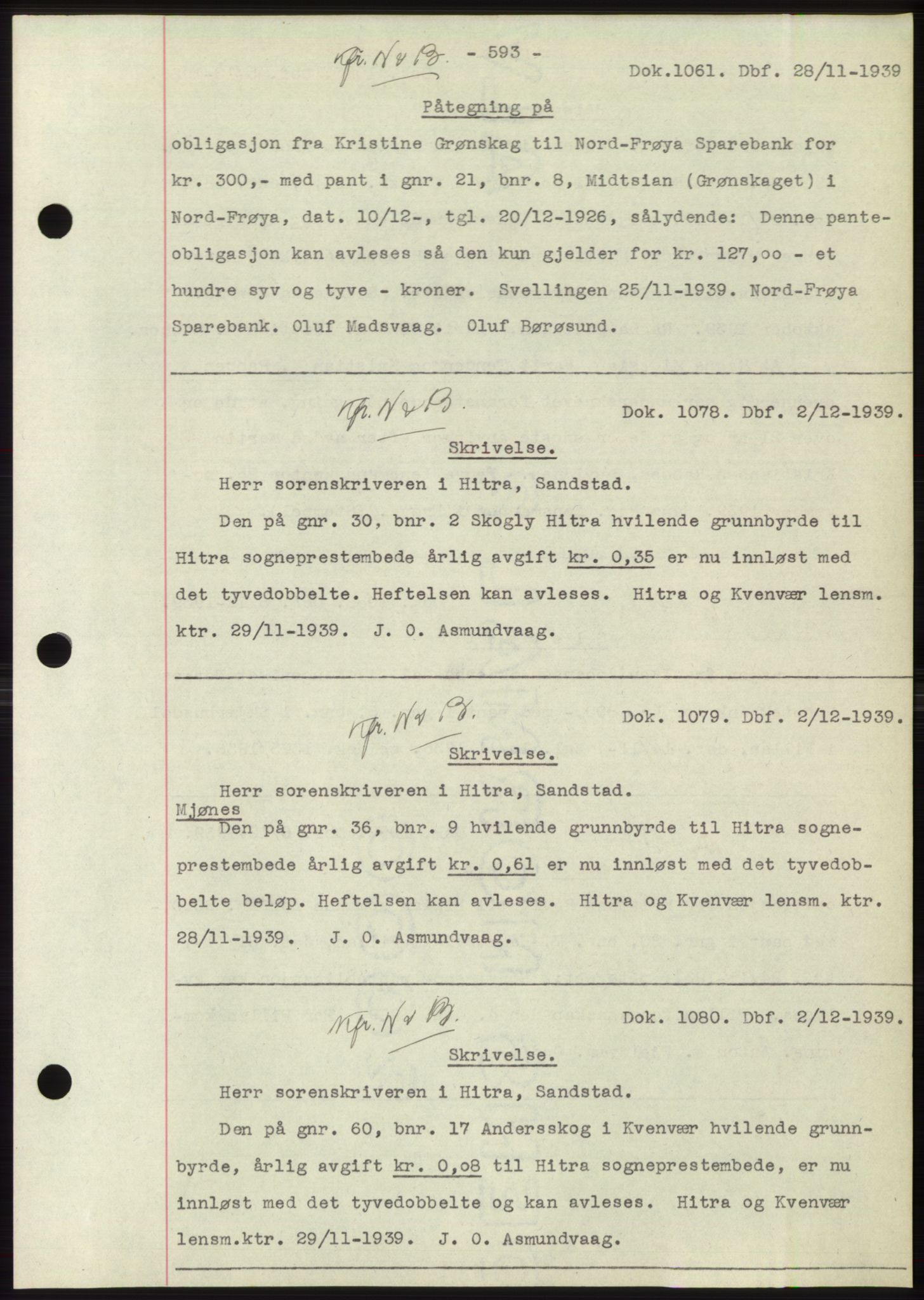 Hitra sorenskriveri, AV/SAT-A-0018/2/2C/2Ca: Mortgage book no. C1, 1936-1945, Diary no: : 1061/1939