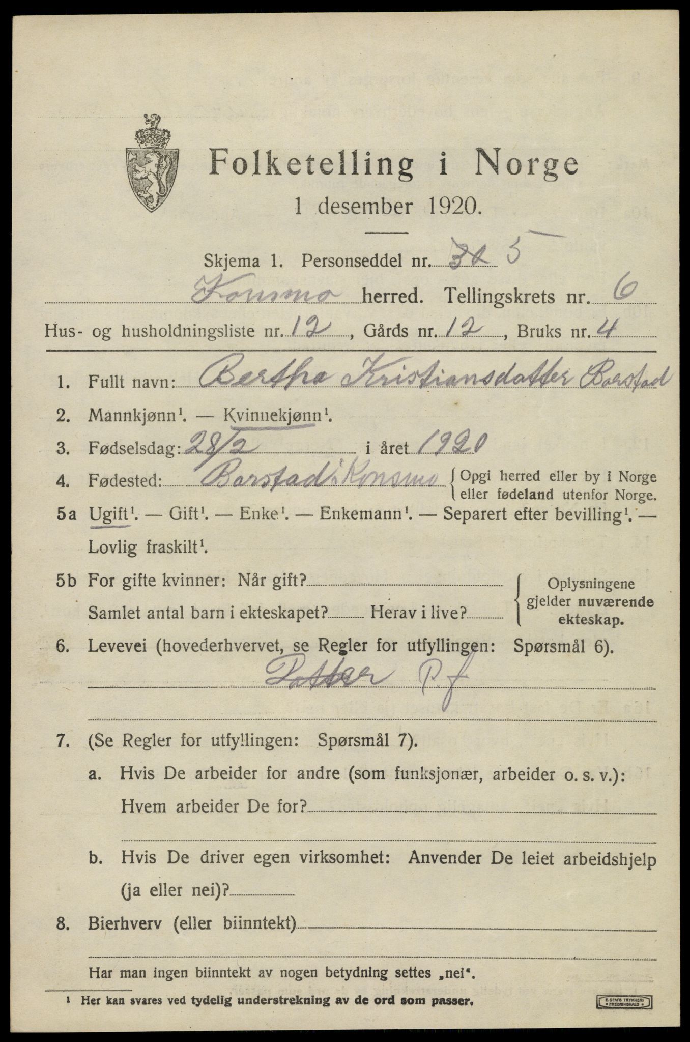 SAK, 1920 census for Konsmo, 1920, p. 1462