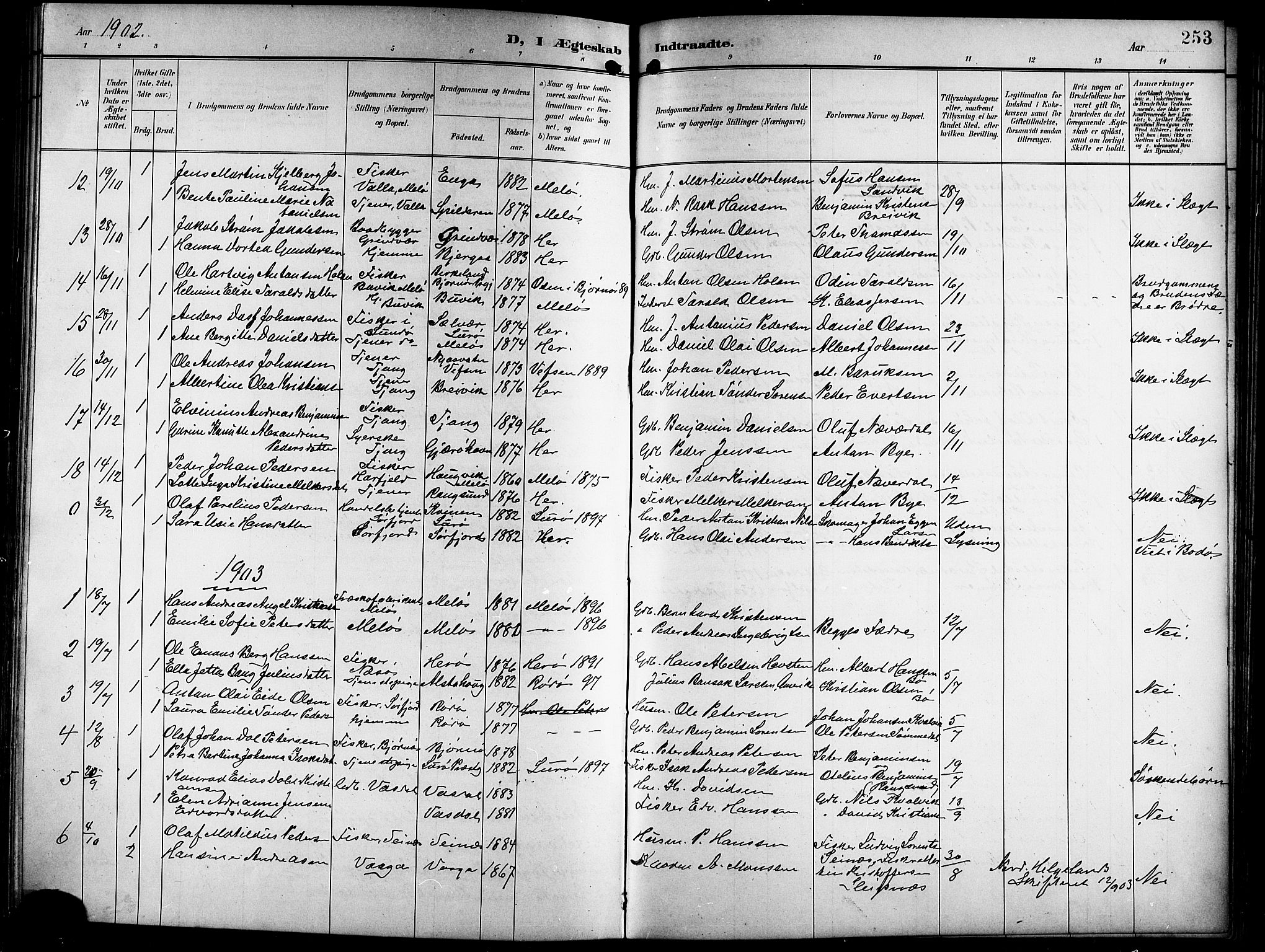 Ministerialprotokoller, klokkerbøker og fødselsregistre - Nordland, AV/SAT-A-1459/841/L0621: Parish register (copy) no. 841C05, 1897-1923, p. 253