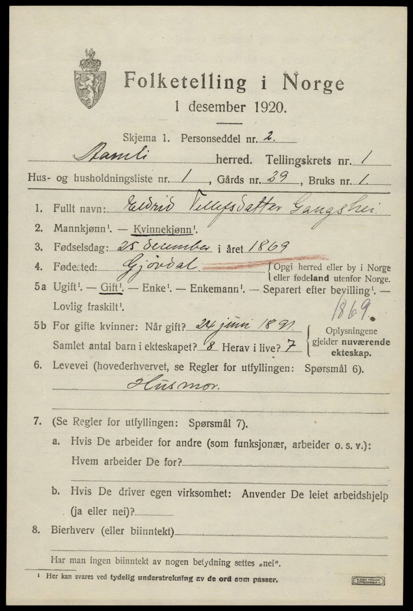 SAK, 1920 census for Åmli, 1920, p. 685