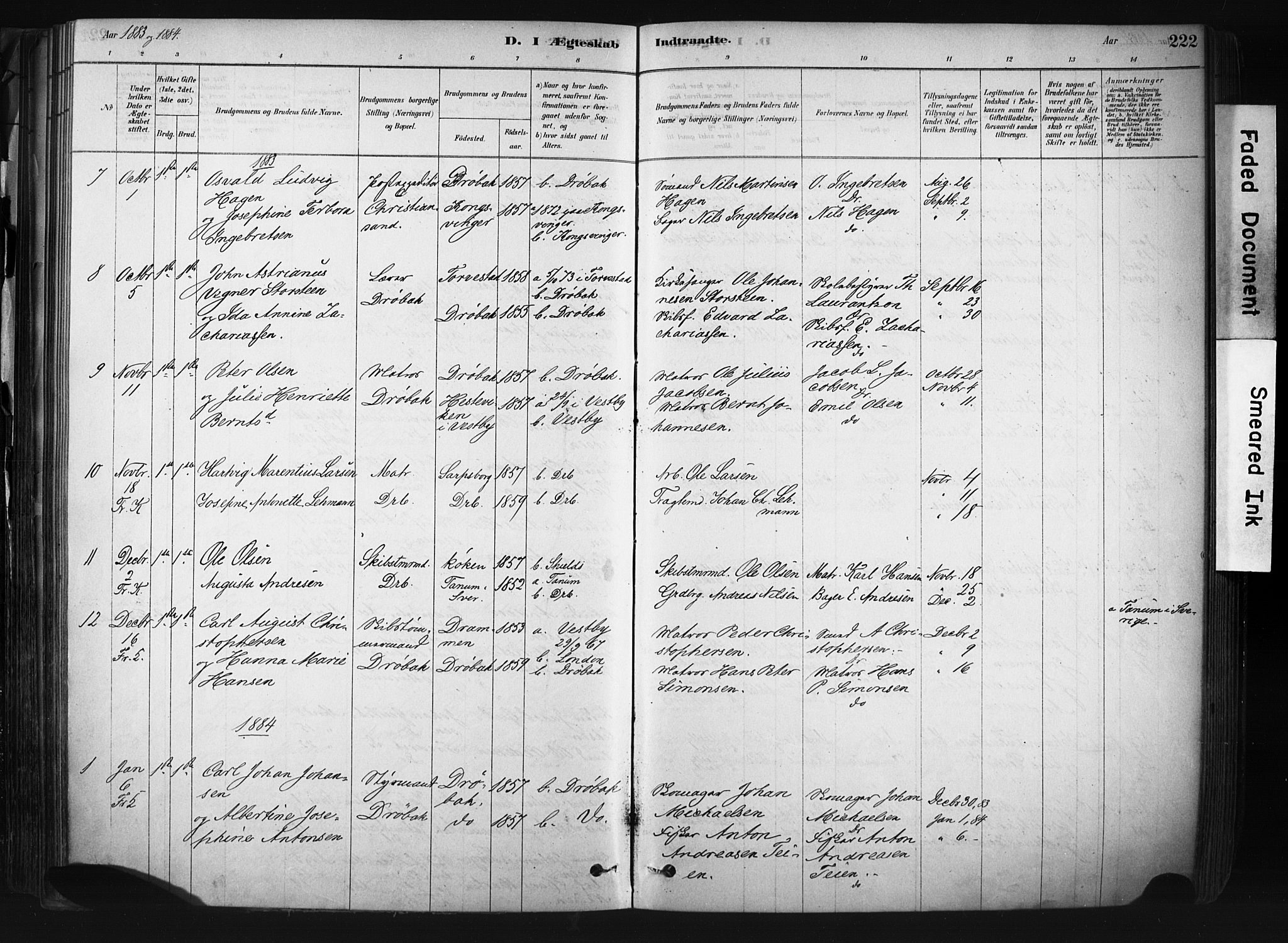 Drøbak prestekontor Kirkebøker, SAO/A-10142a/F/Fb/L0001: Parish register (official) no. II 1, 1878-1891, p. 222