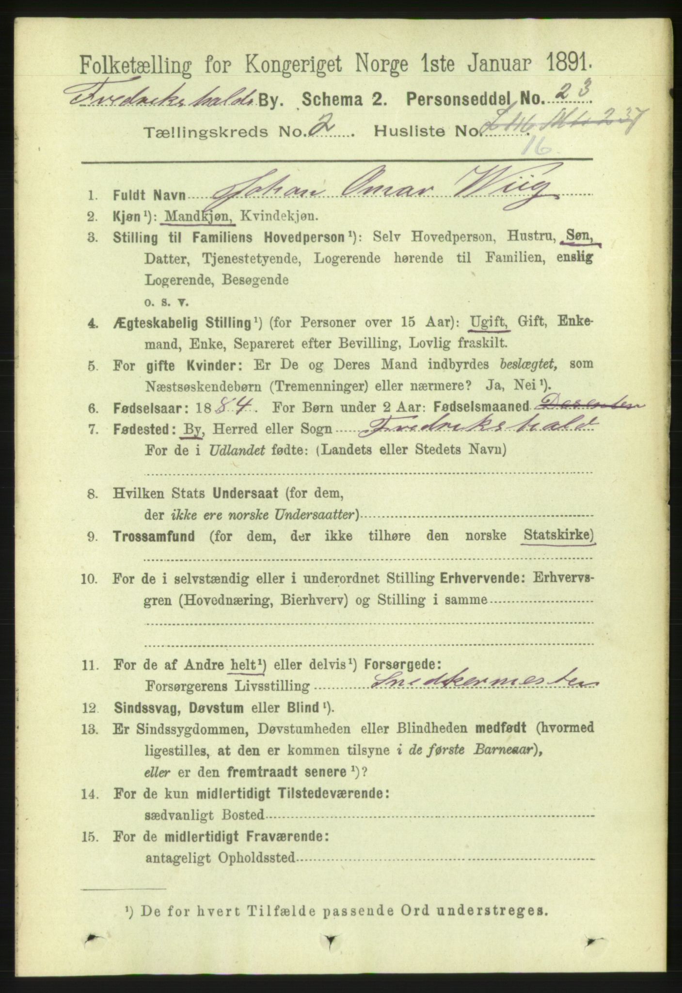 RA, 1891 census for 0101 Fredrikshald, 1891, p. 2842