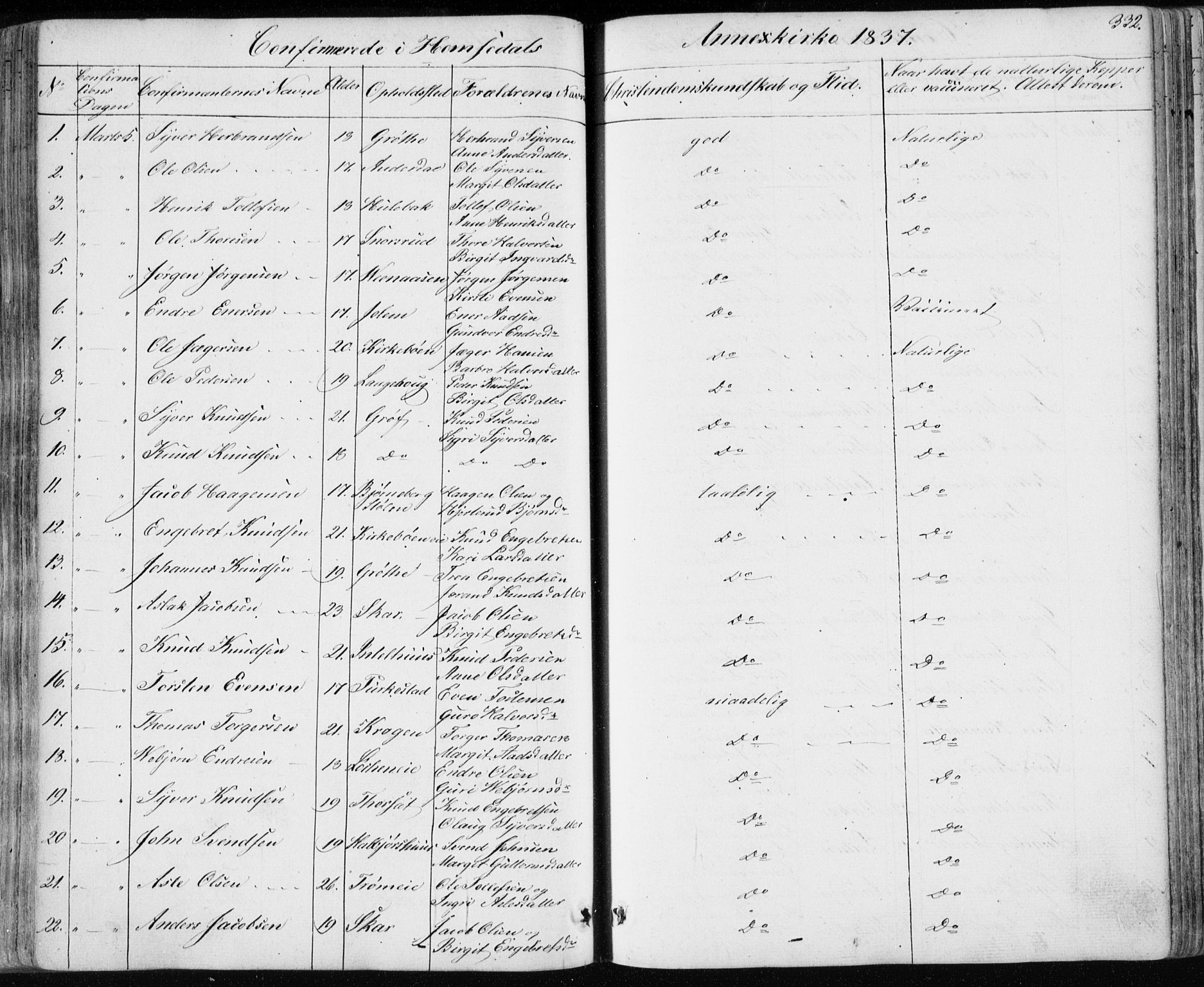 Nes kirkebøker, SAKO/A-236/F/Fa/L0009: Parish register (official) no. 9, 1834-1863, p. 332