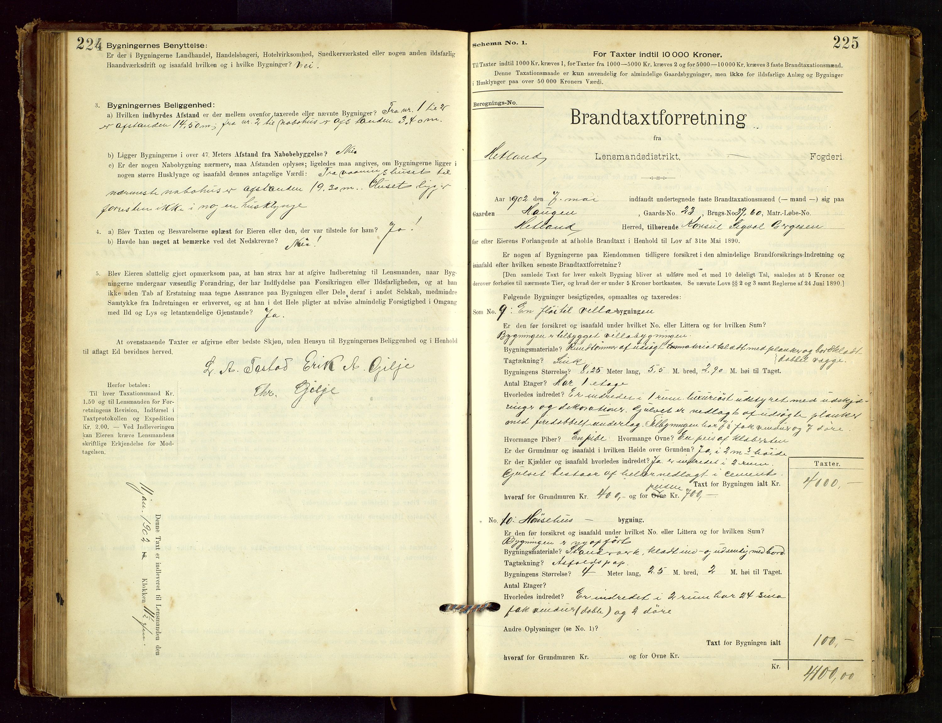 Hetland lensmannskontor, AV/SAST-A-100101/Gob/L0001: "Brandtaxationsprotokol", 1895-1918, p. 224-225