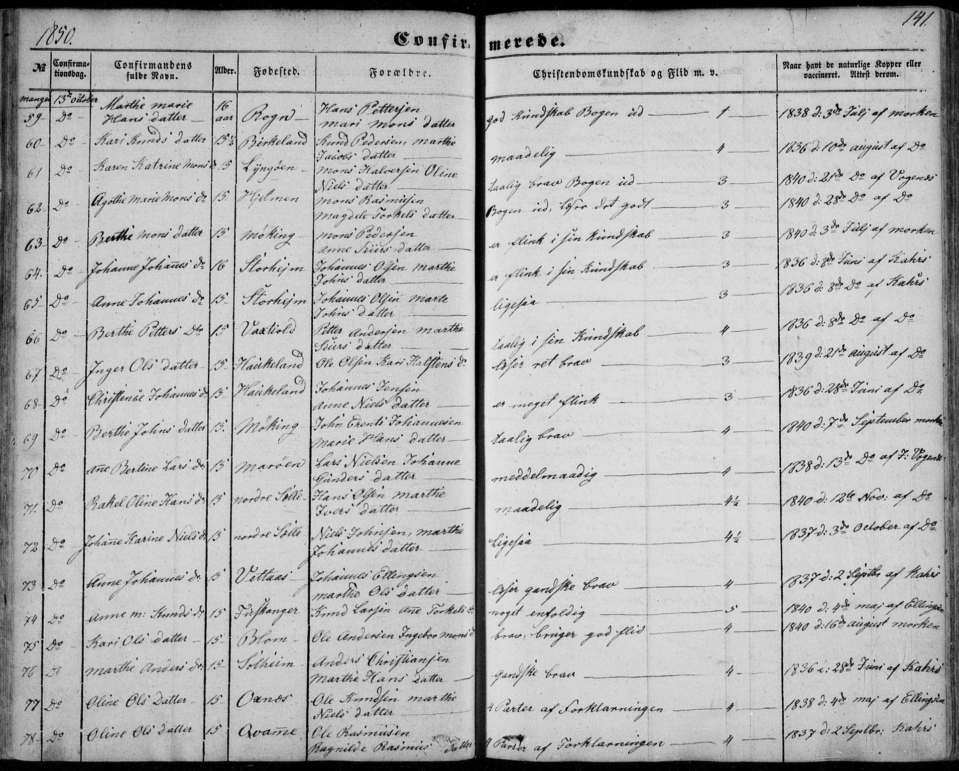 Manger sokneprestembete, SAB/A-76801/H/Haa: Parish register (official) no. A 6, 1849-1859, p. 141