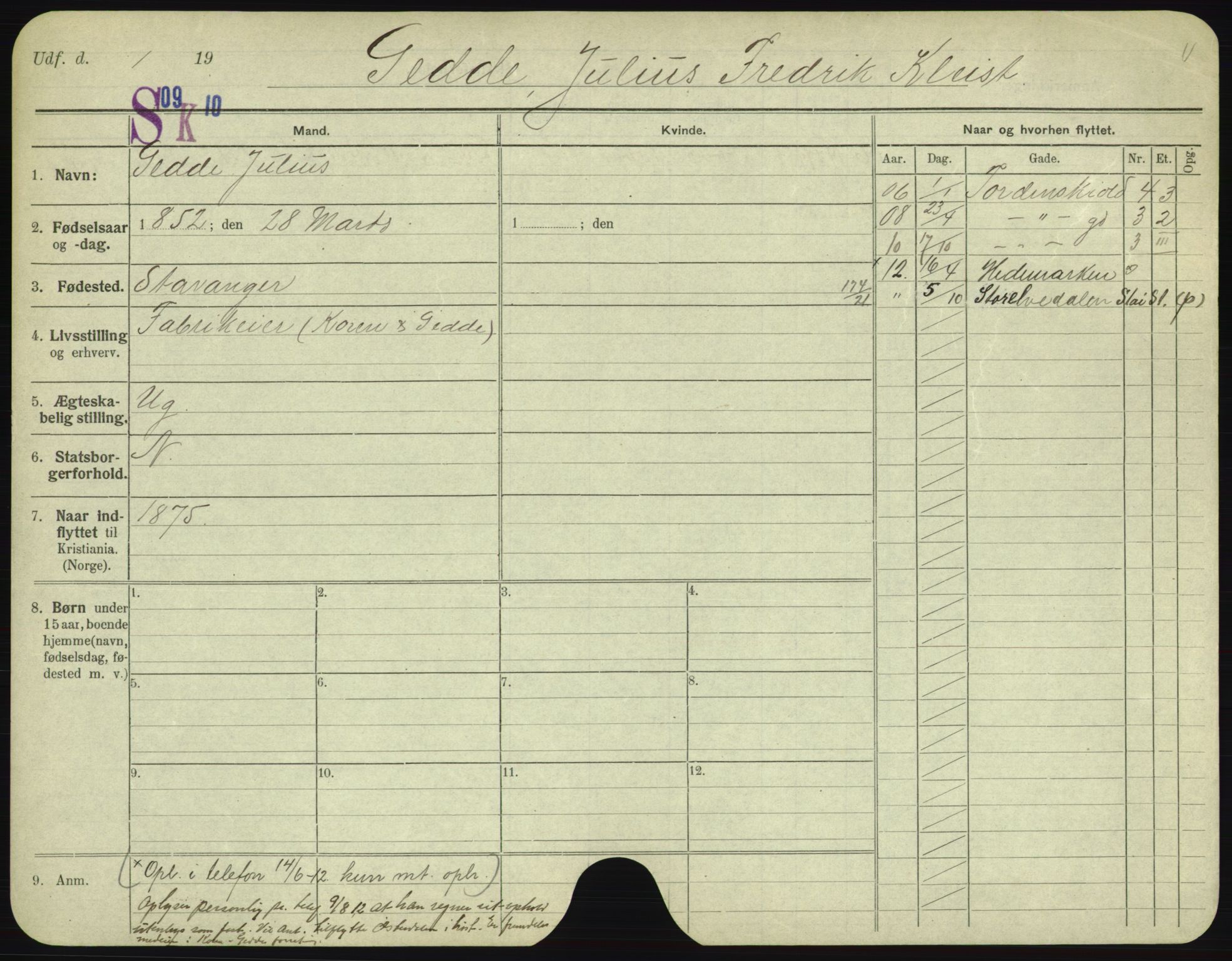 Oslo folkeregister, Registerkort, AV/SAO-A-11715/F/Fa/Fac/L0003: Menn, 1906-1914, p. 424a