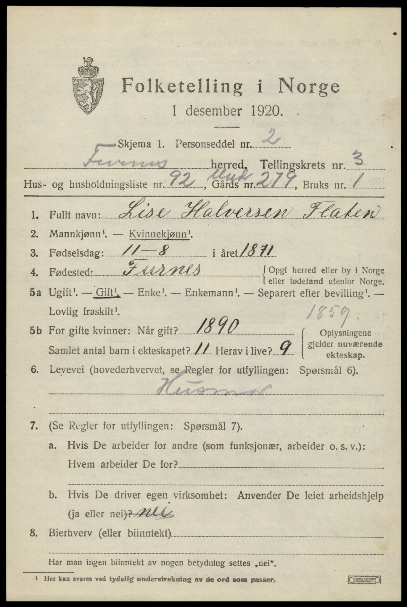 SAH, 1920 census for Furnes, 1920, p. 5705