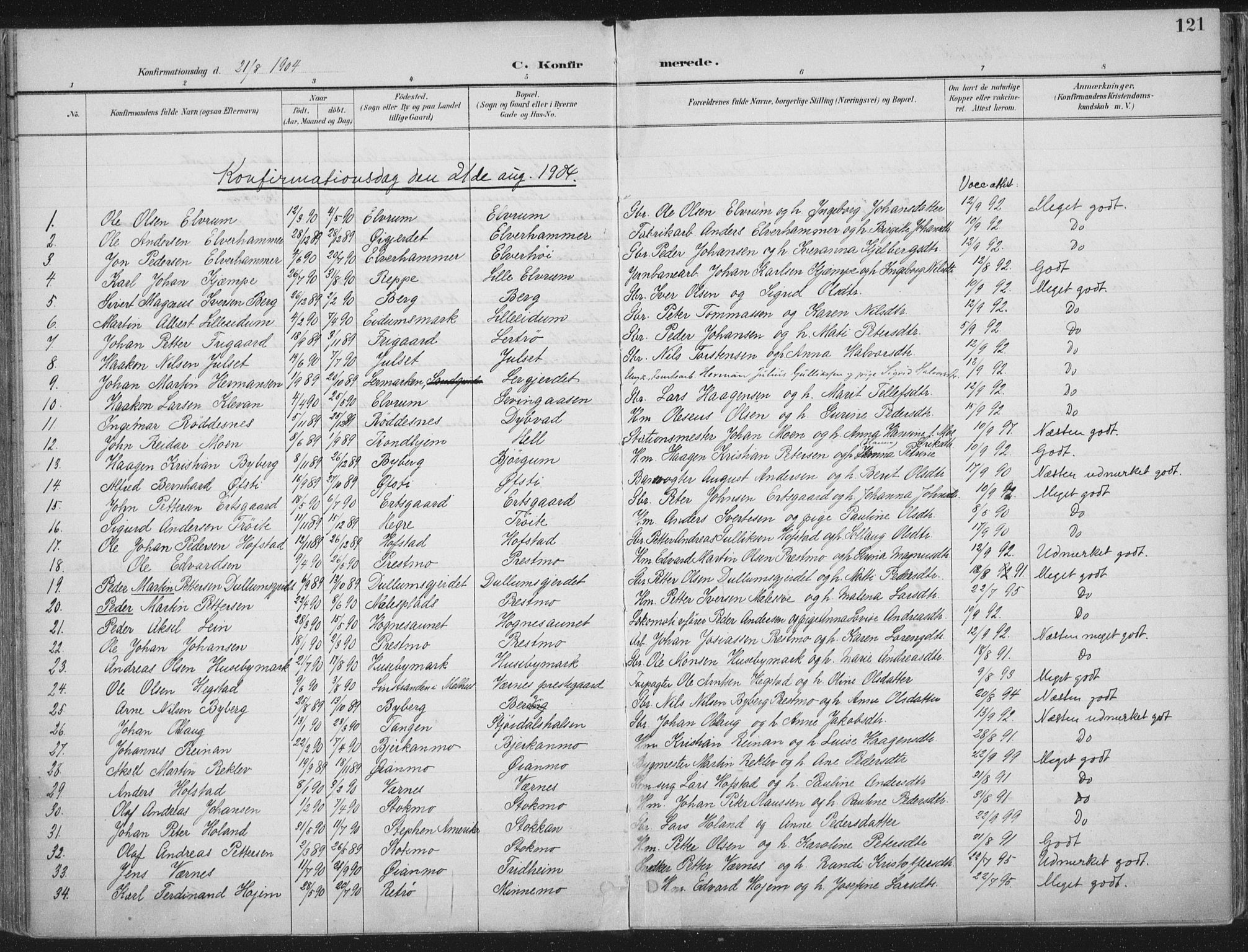 Ministerialprotokoller, klokkerbøker og fødselsregistre - Nord-Trøndelag, SAT/A-1458/709/L0082: Parish register (official) no. 709A22, 1896-1916, p. 121